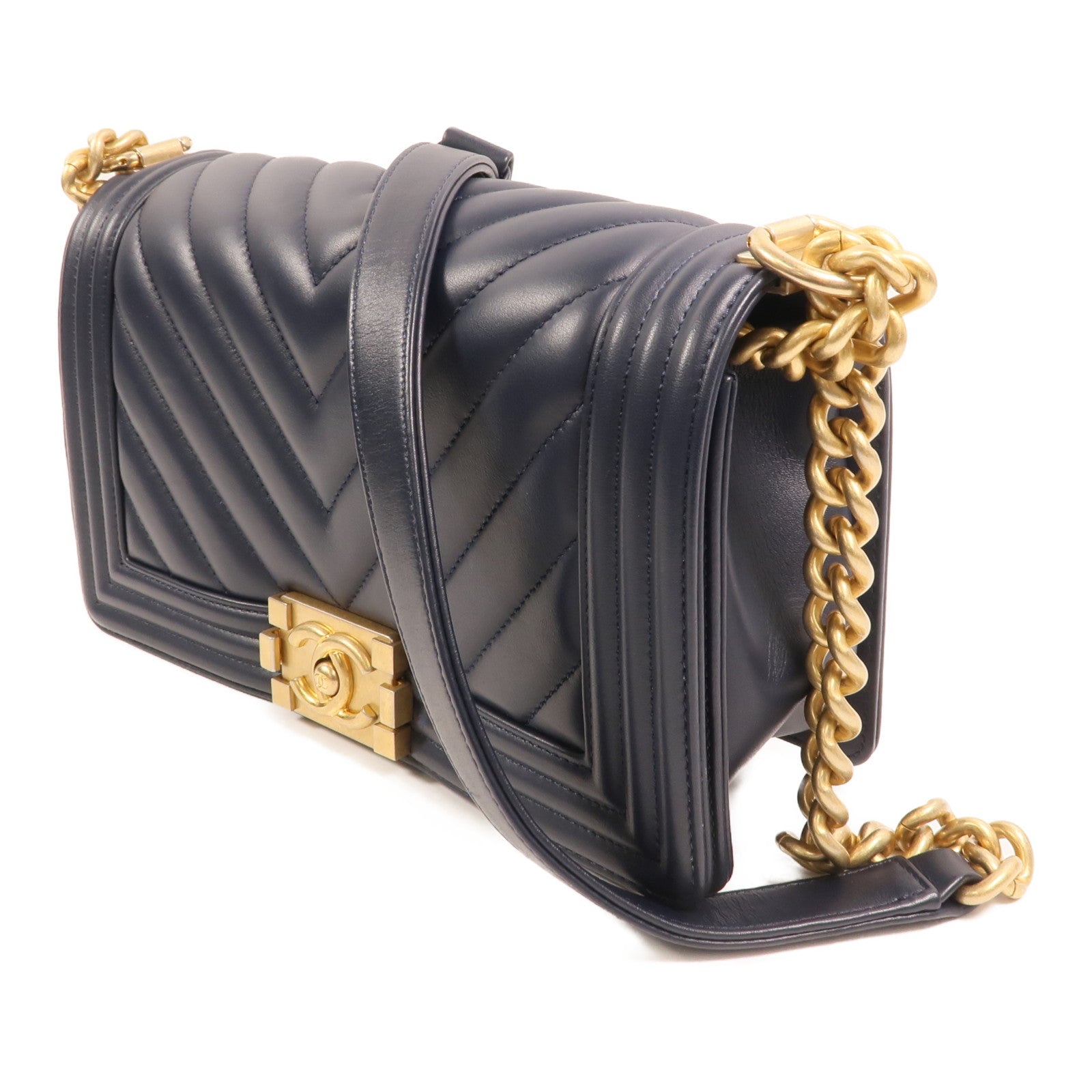 CHANEL 羊皮皮革Boy 25金扣鏈帶肩背袋