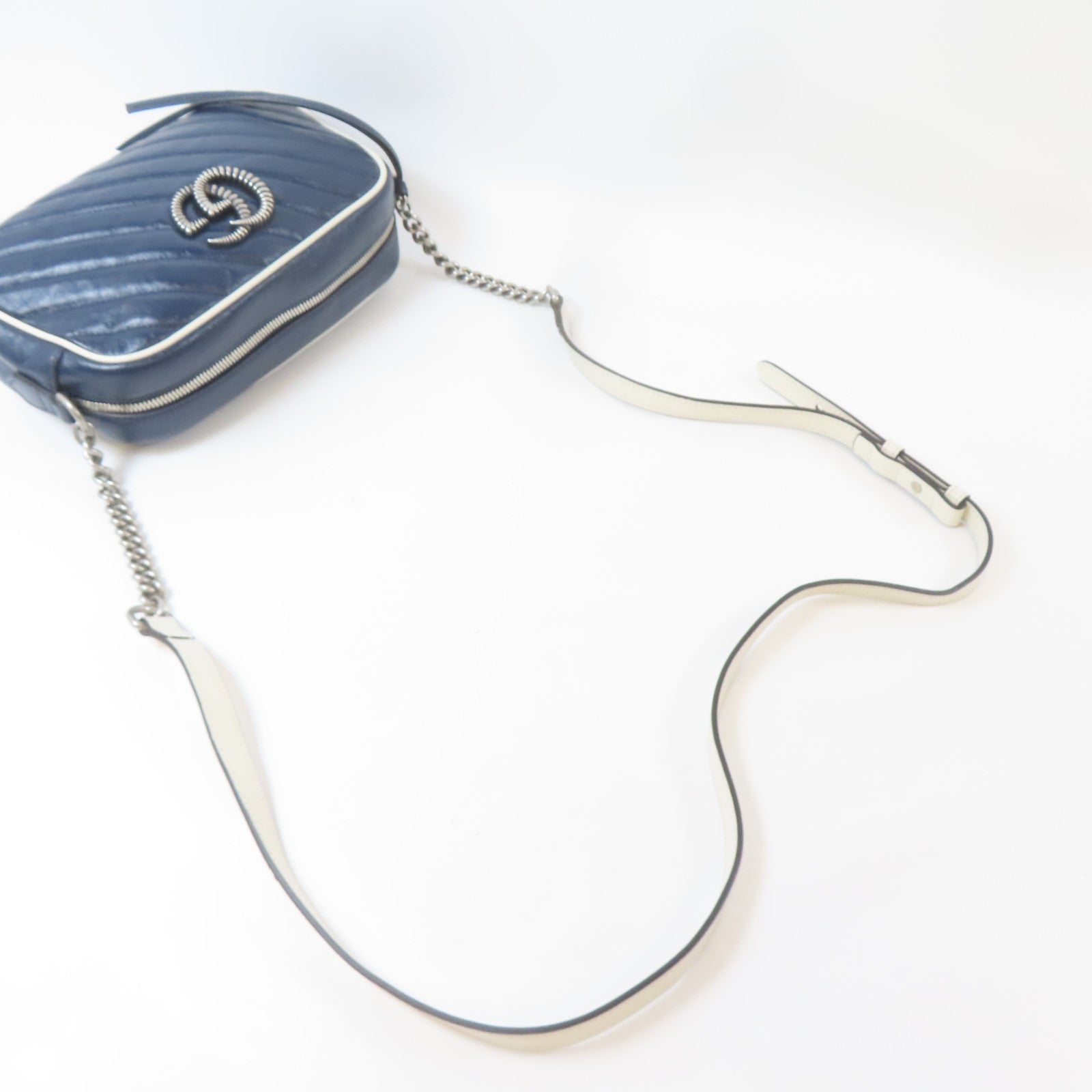 GUCCI 【激減優惠】牛皮皮革Shoulder Bag銀扣肩背袋藍色/白色