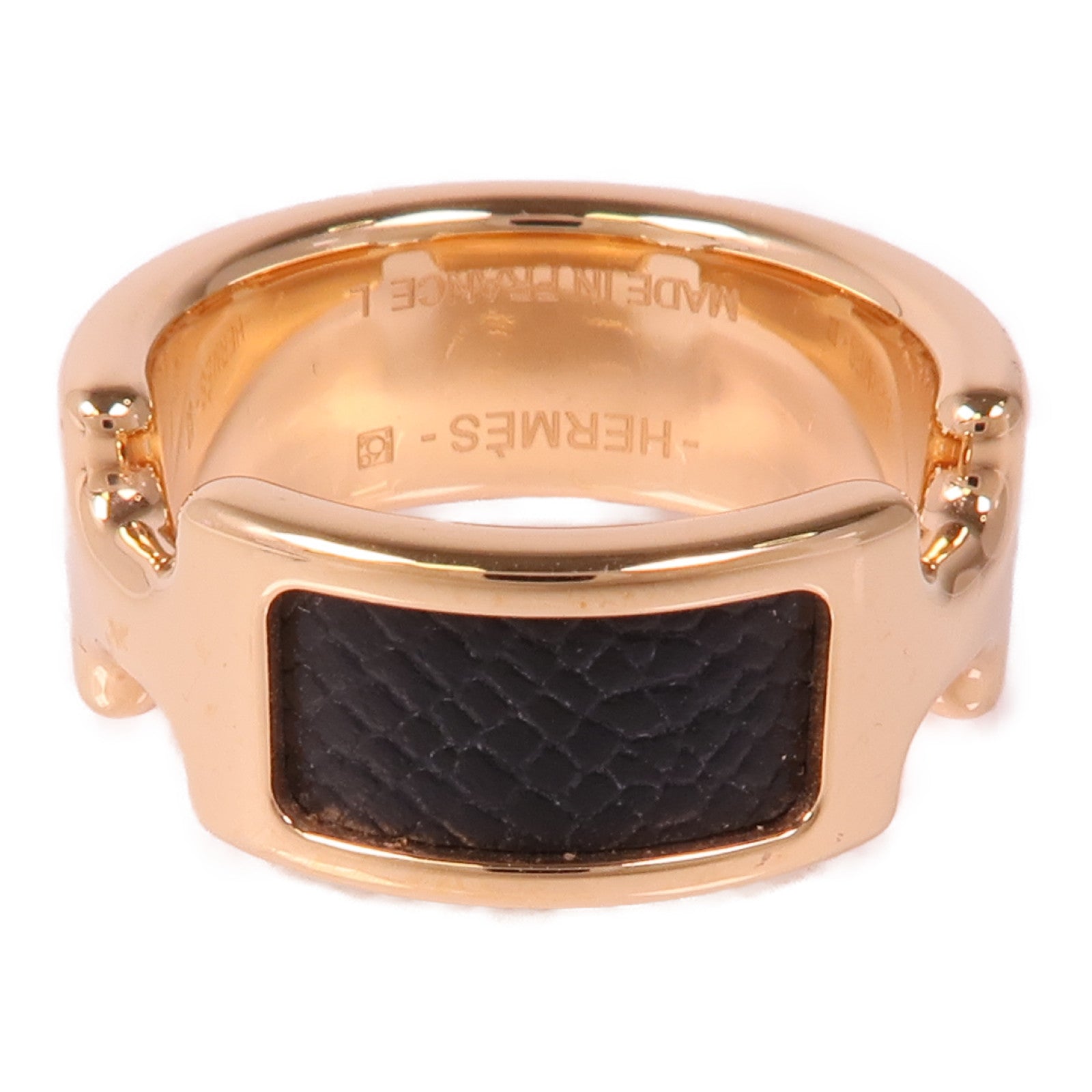 HERMES Epsom皮革/金屬Olympe戒指US#7.5 L Noir