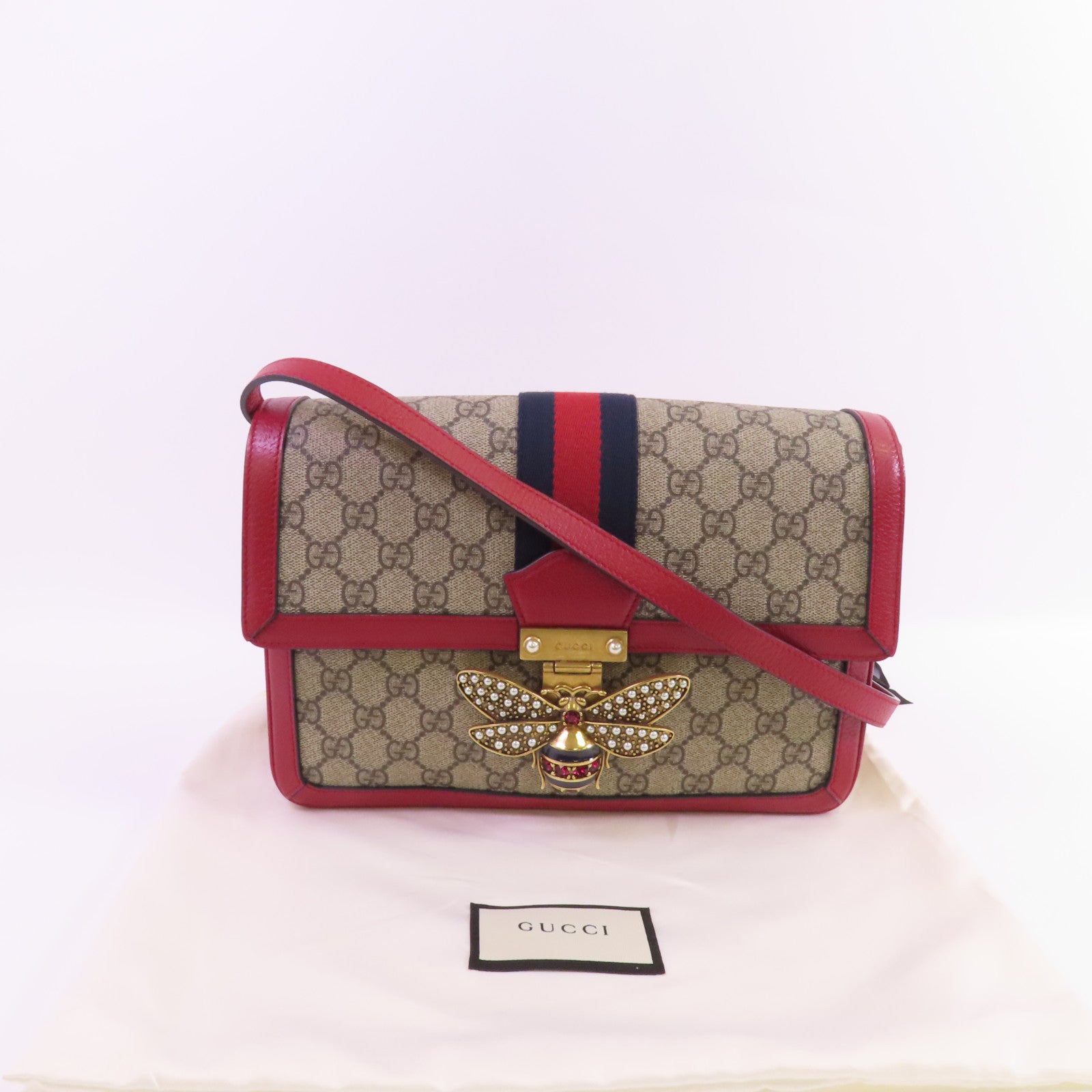 GUCCI 【激減優惠】塗層帆布GG Supreme Queen Margaret Medium金扣鏈帶肩背袋