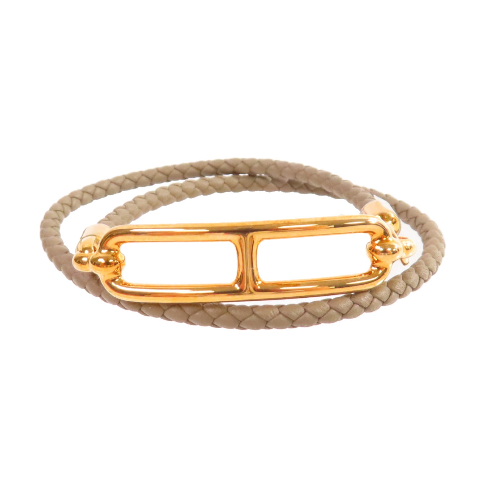 HERMES Swift皮革/金屬Roulis Double Tour Bracelet金扣手鏈大象灰色#T2