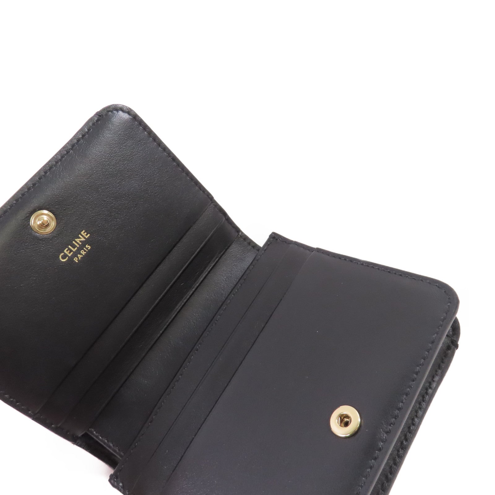 CELINE 牛皮皮革Triomphe Compact Wallet金扣短錢包黑色