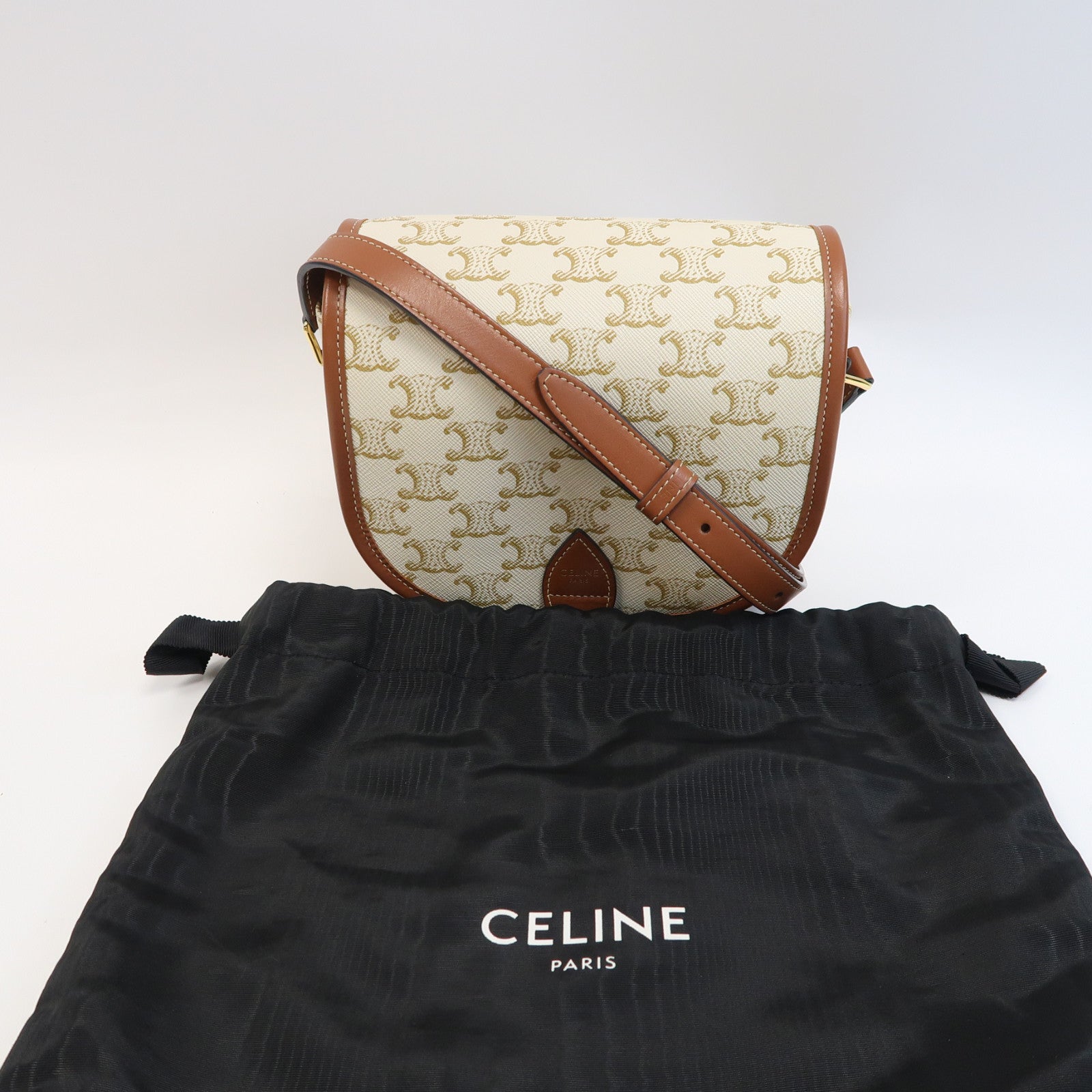 CELINE 塗層帆布Folco Mediuon金扣肩背袋白色/啡色