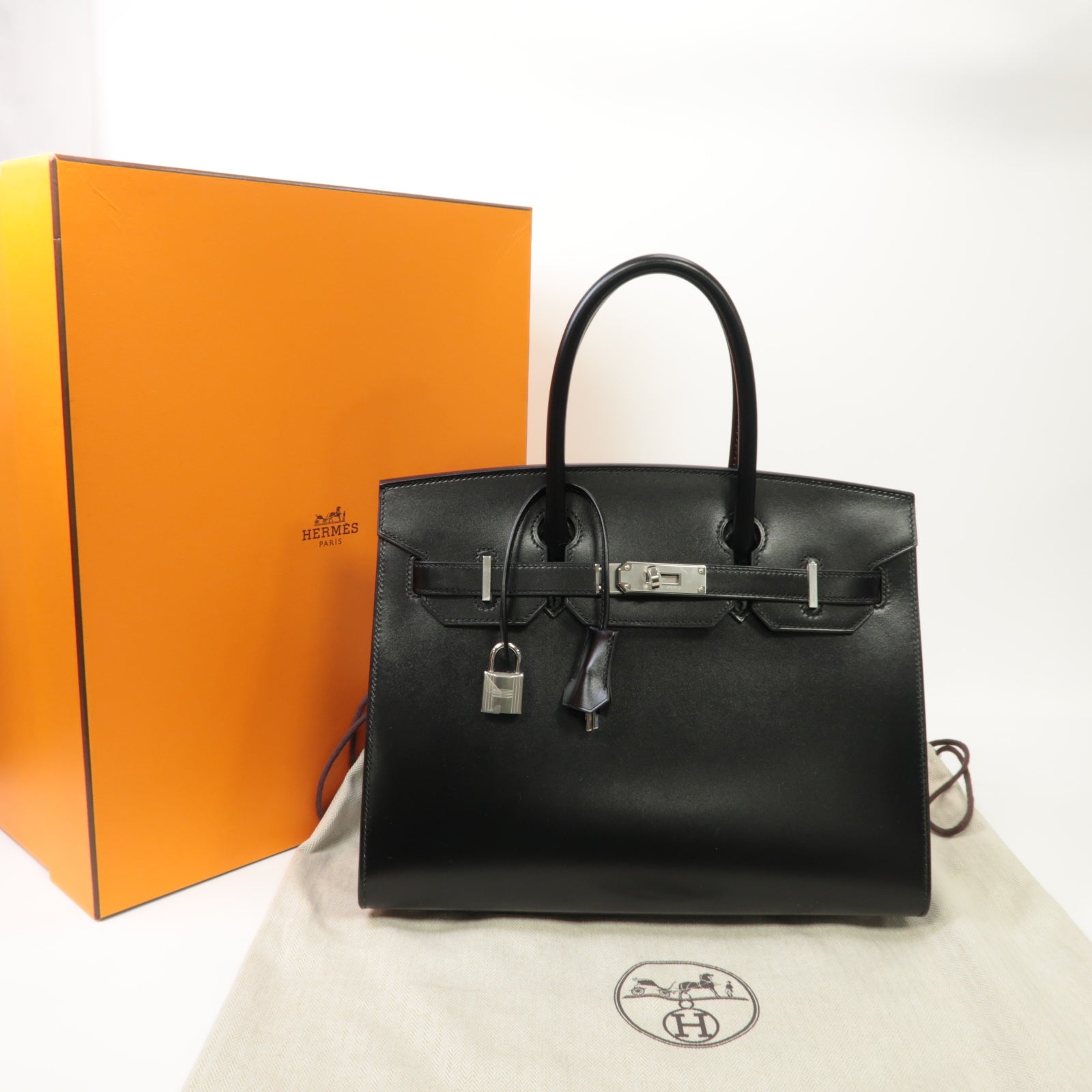 HERMES 【激減優惠】Box Calf皮革Birkin 30銀扣手挽袋黒色