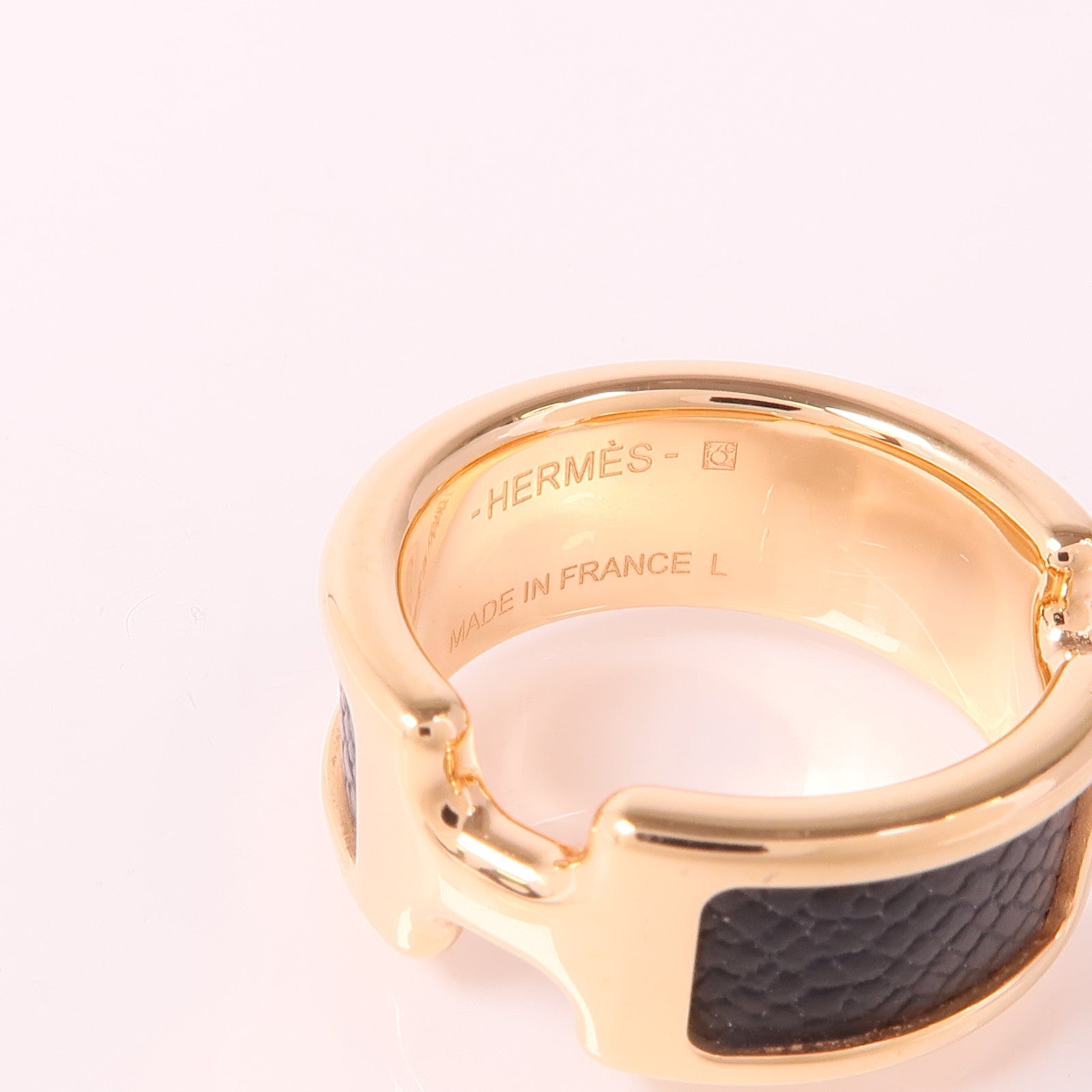 HERMES Epsom皮革/金屬Olympe戒指US#7.5 L Noir
