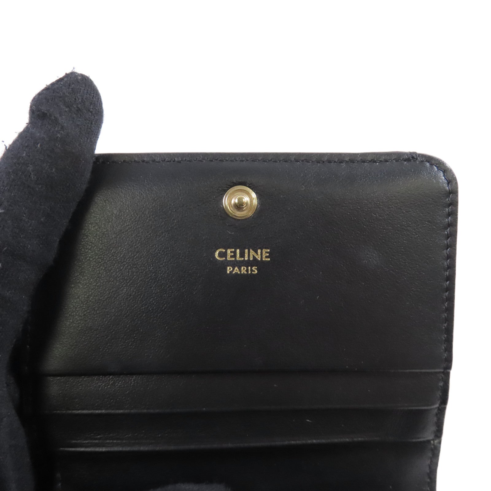 CELINE 牛皮皮革Triomphe Compact Wallet金扣短錢包黑色