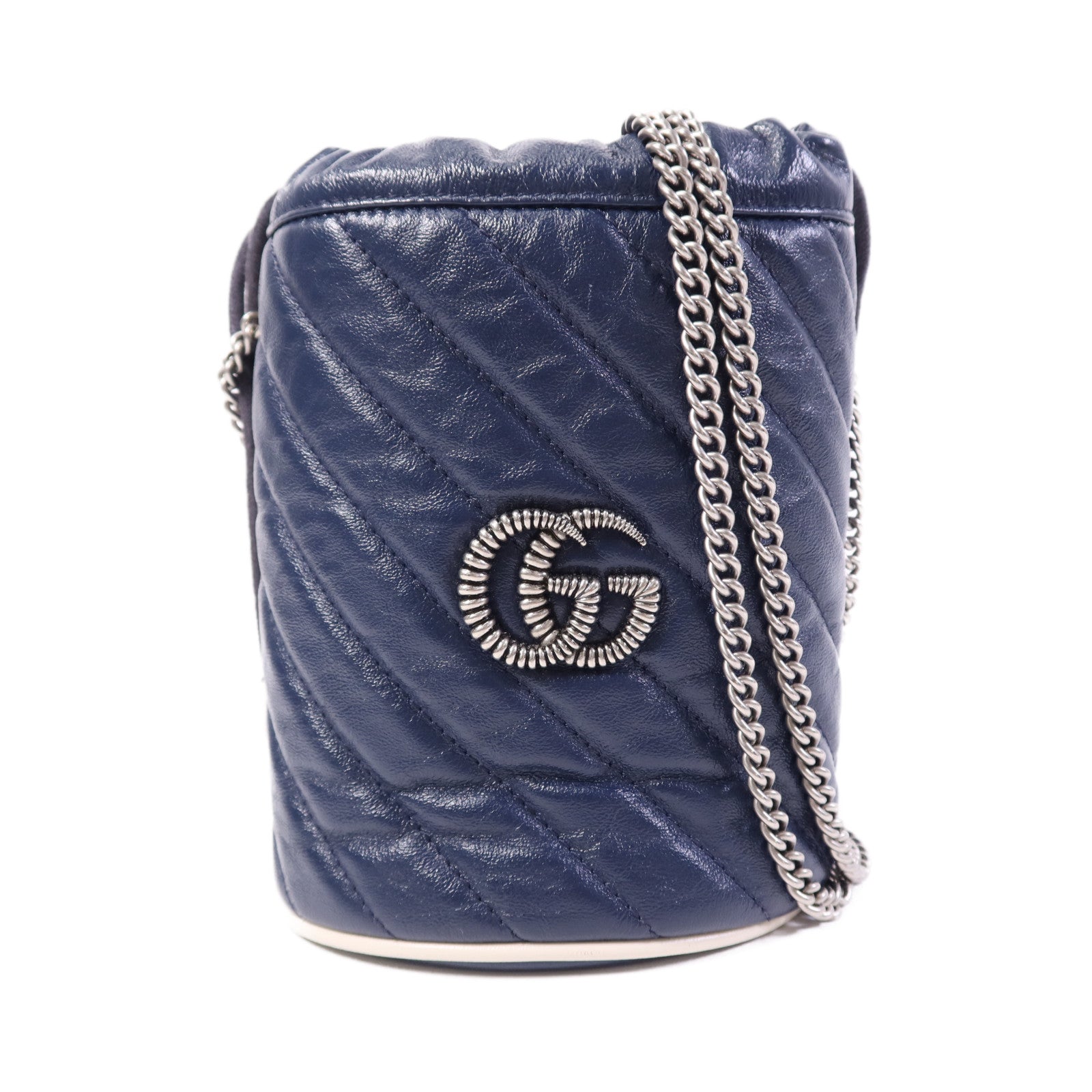 GUCCI 牛皮皮革GG Marmont Bucket銀扣鏈帶肩背袋