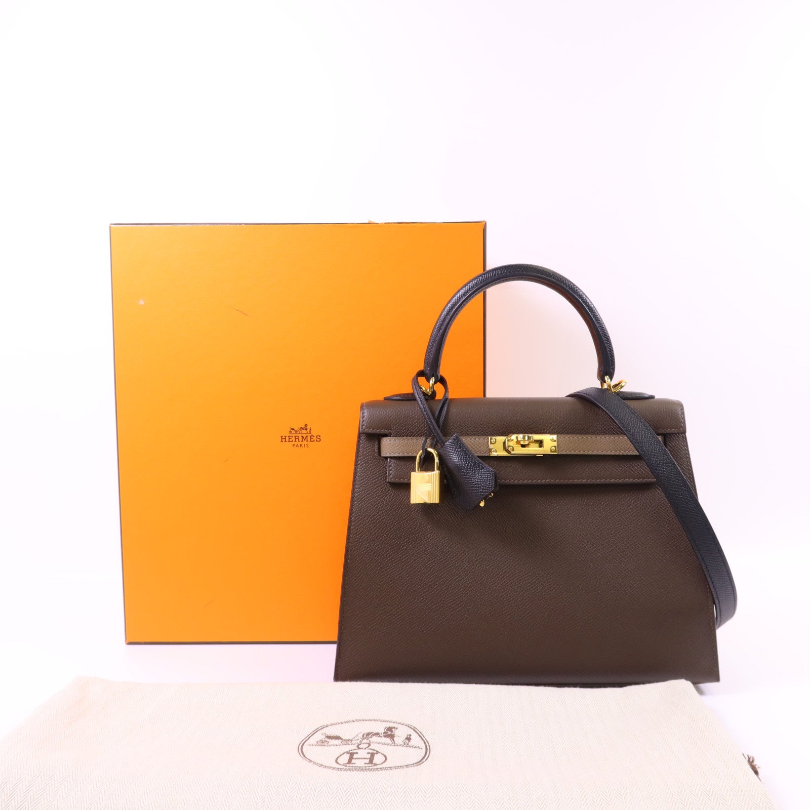 HERMES Epsom皮革Kelly 25金扣手挽肩背兩用袋Etoupe/Ecorce/Noir