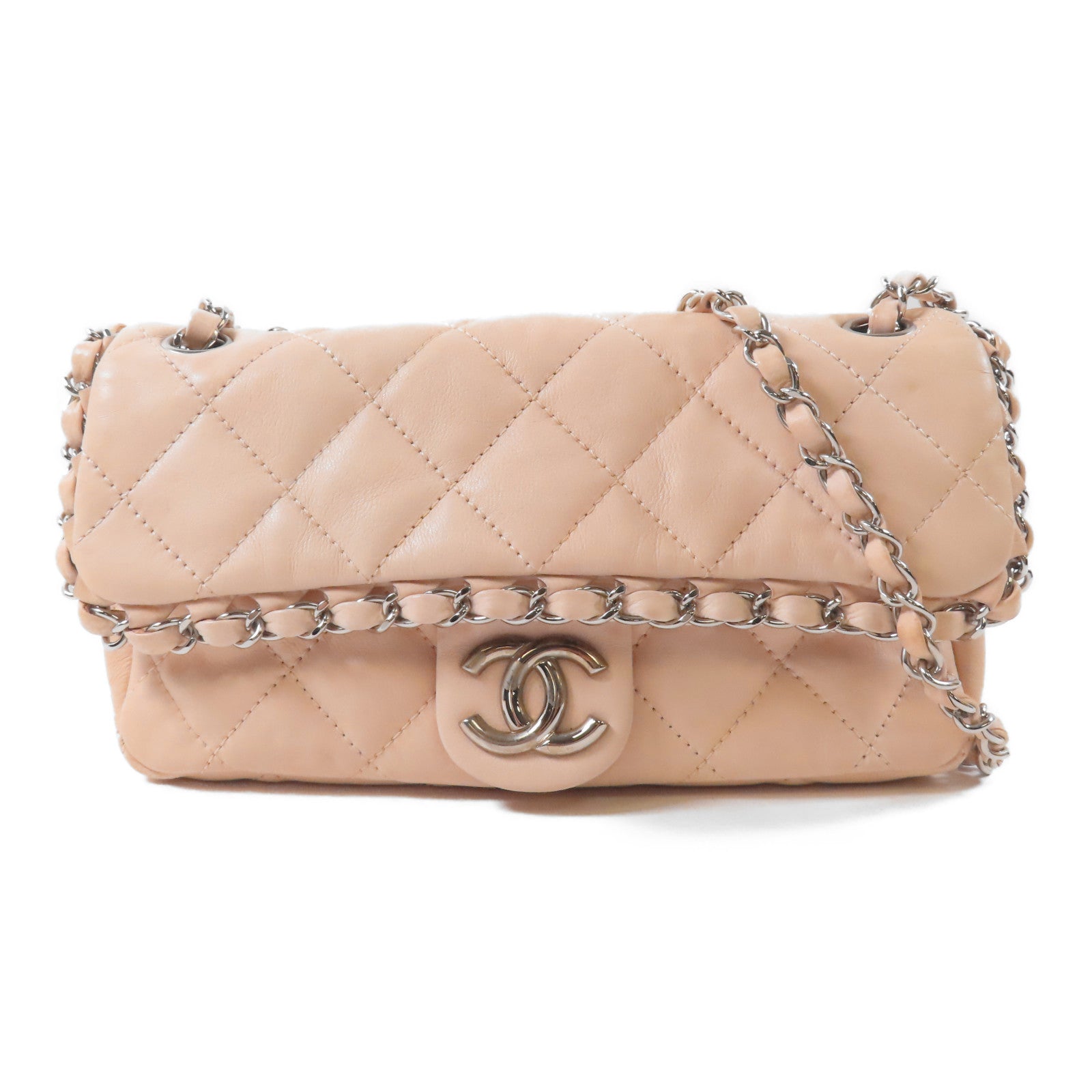 CHANEL 牛皮皮革Chain Shoulder銀扣鏈帶肩背袋