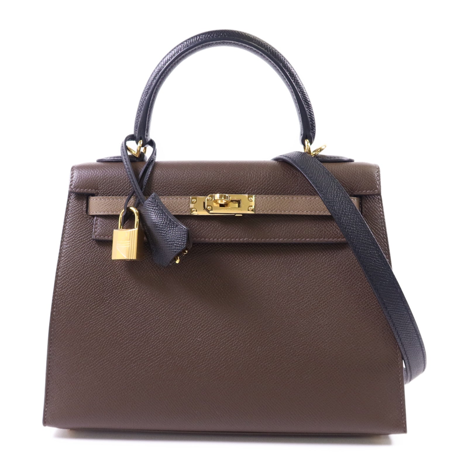 HERMES Epsom皮革Kelly 25金扣手挽肩背兩用袋Etoupe/Ecorce/Noir