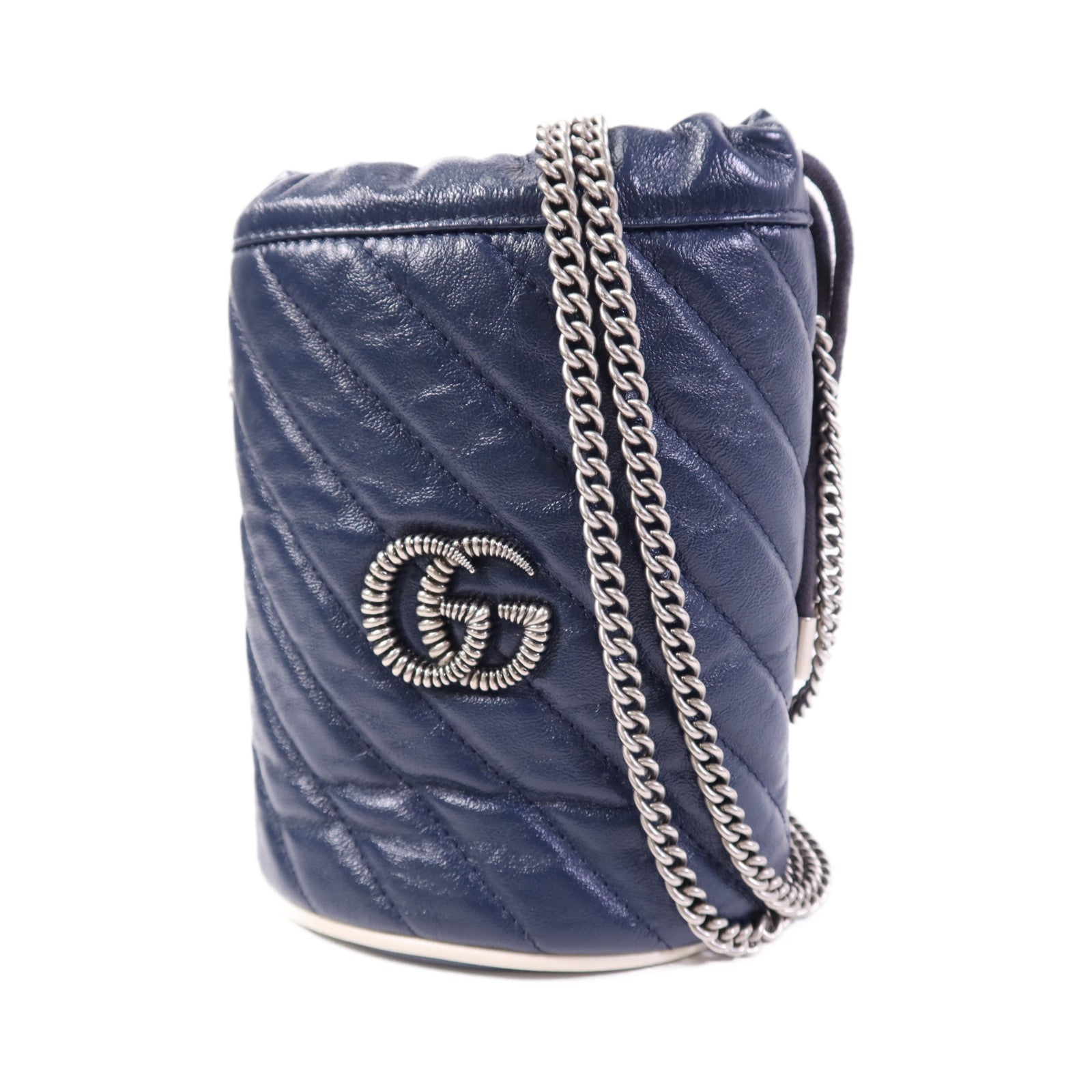 GUCCI 牛皮皮革GG Marmont Bucket銀扣鏈帶肩背袋