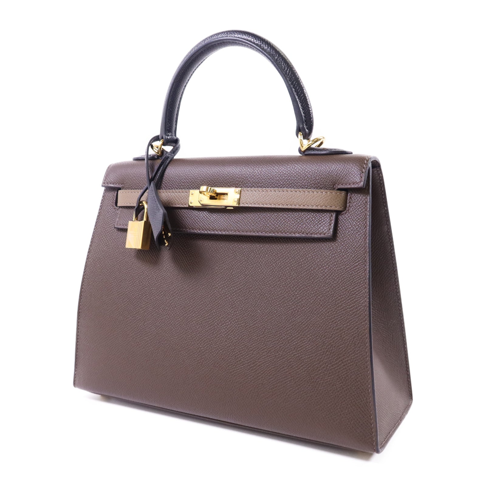 HERMES Epsom皮革Kelly 25金扣手挽肩背兩用袋Etoupe/Ecorce/Noir