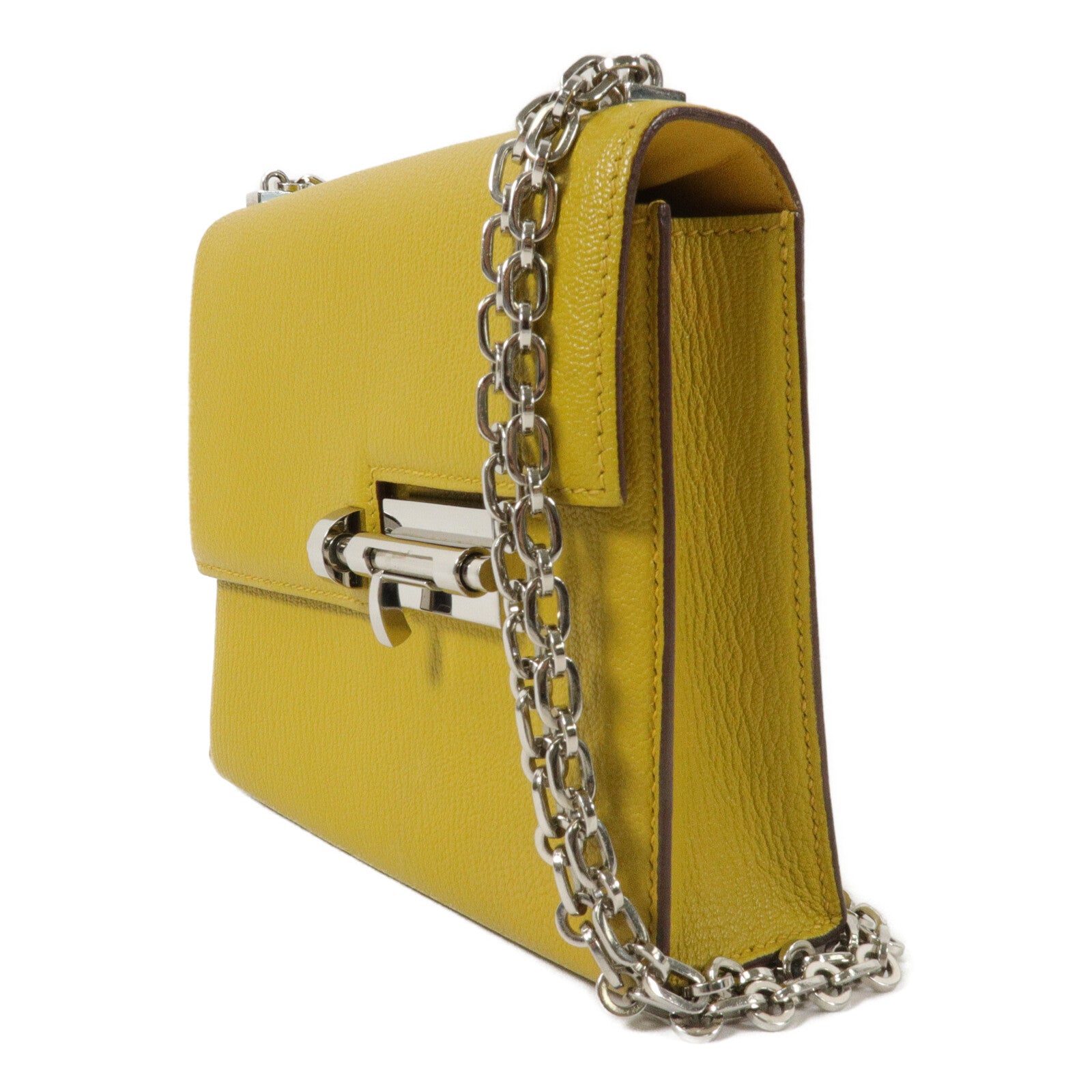 HERMES Chevre皮革Verrou Mini鏈帶肩背袋Jaune Ambre