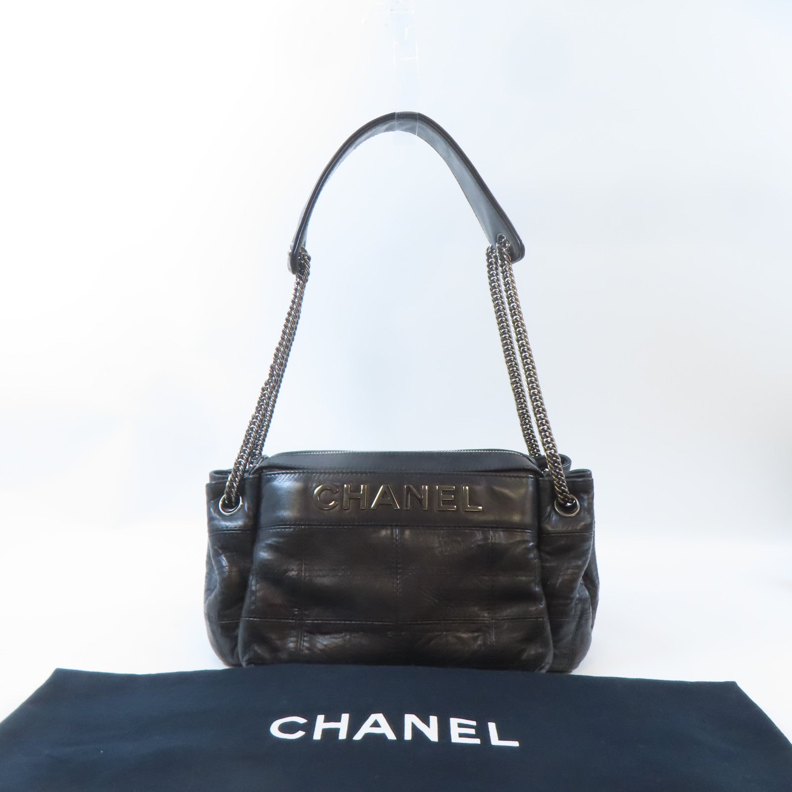 CHANEL 牛皮皮革Shoulder Bag銀扣鏈帶肩背袋黑色