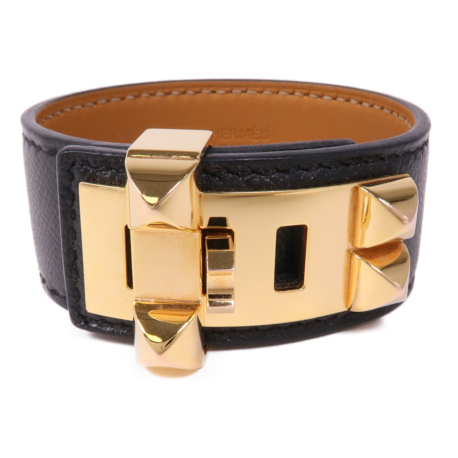 HERMES Epsom皮革/金屬Collier De Chien 24手鐲89 Noir