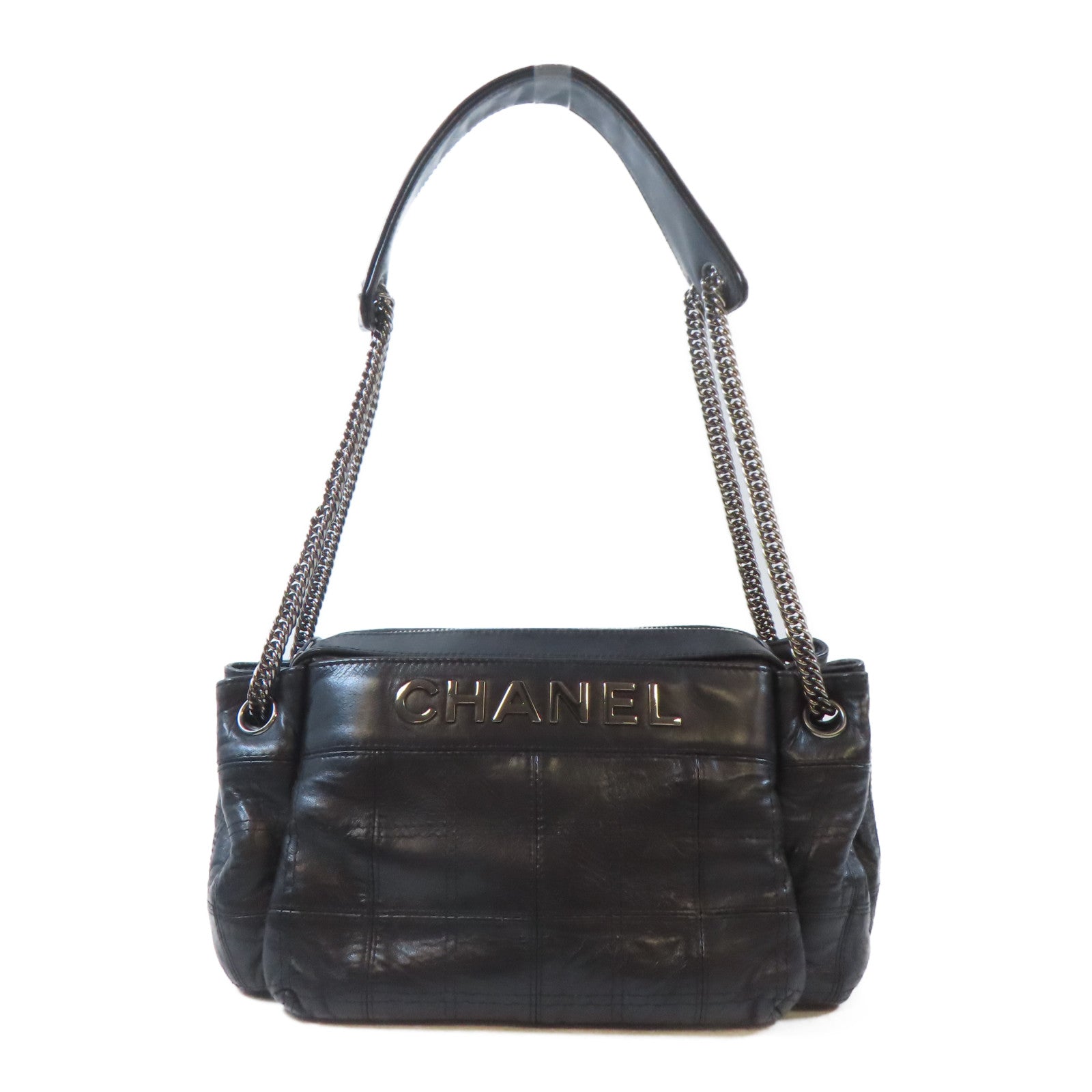 CHANEL 牛皮皮革Shoulder Bag銀扣鏈帶肩背袋黑色