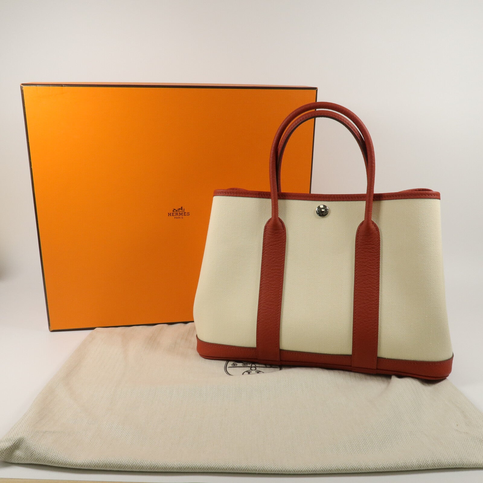 HERMES ToileChevron/Country皮革Garden Party TPM手挽袋Rouge Duchesse/Nata