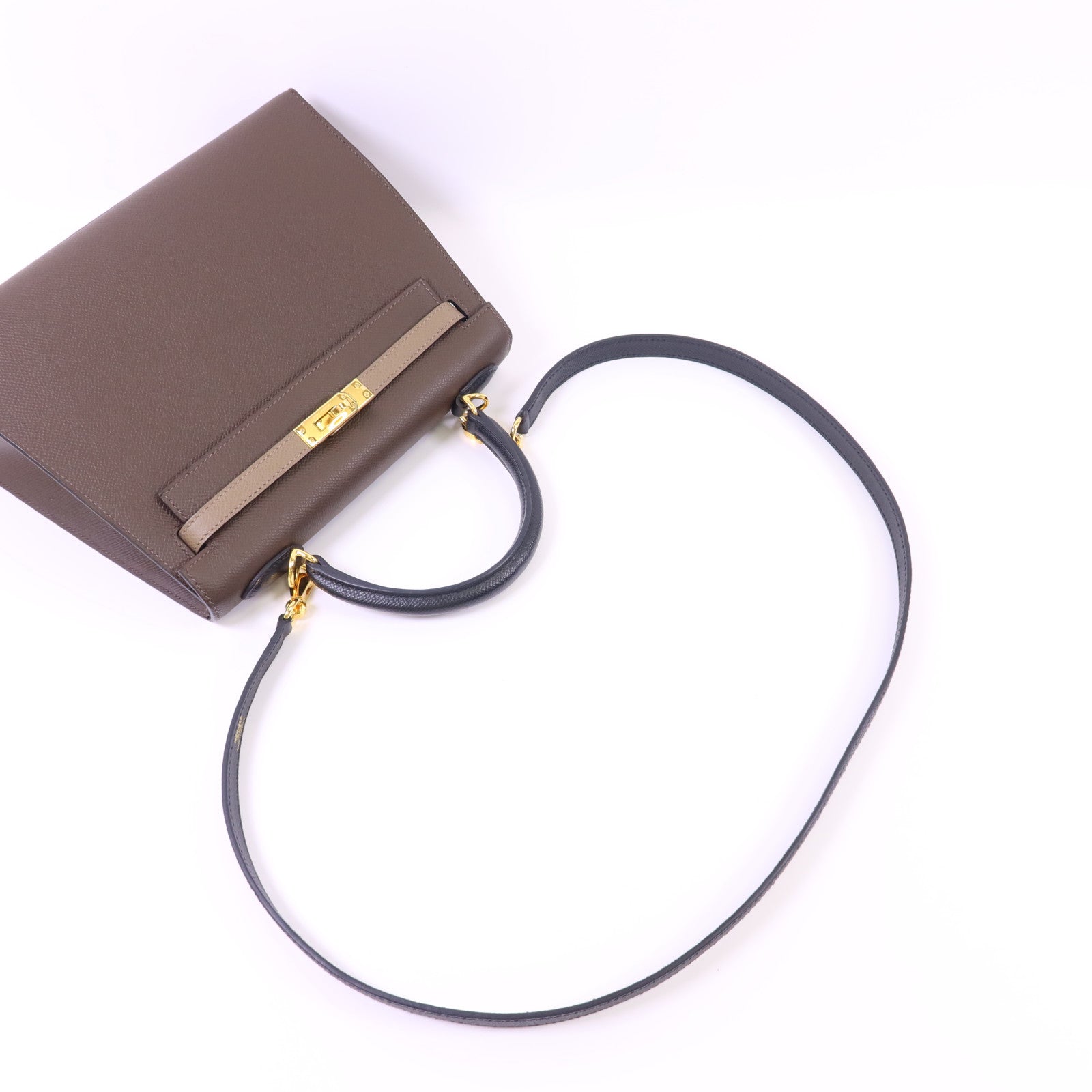 HERMES Epsom皮革Kelly 25金扣手挽肩背兩用袋Etoupe/Ecorce/Noir