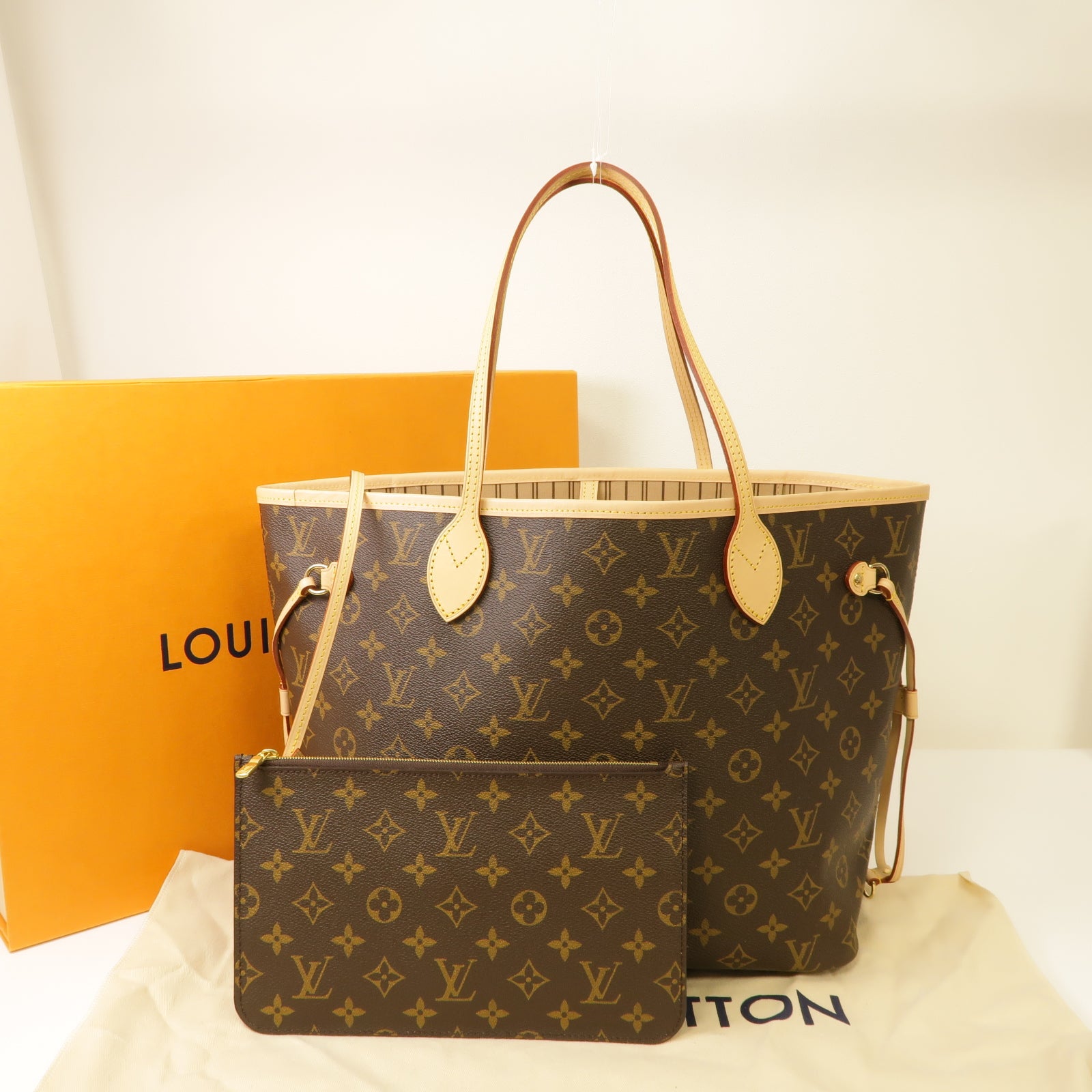 LOUIS VUITTON Monogram Neverfull MM金扣手挽袋棕色