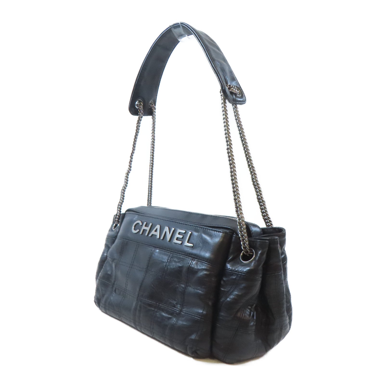 CHANEL 牛皮皮革Shoulder Bag銀扣鏈帶肩背袋黑色