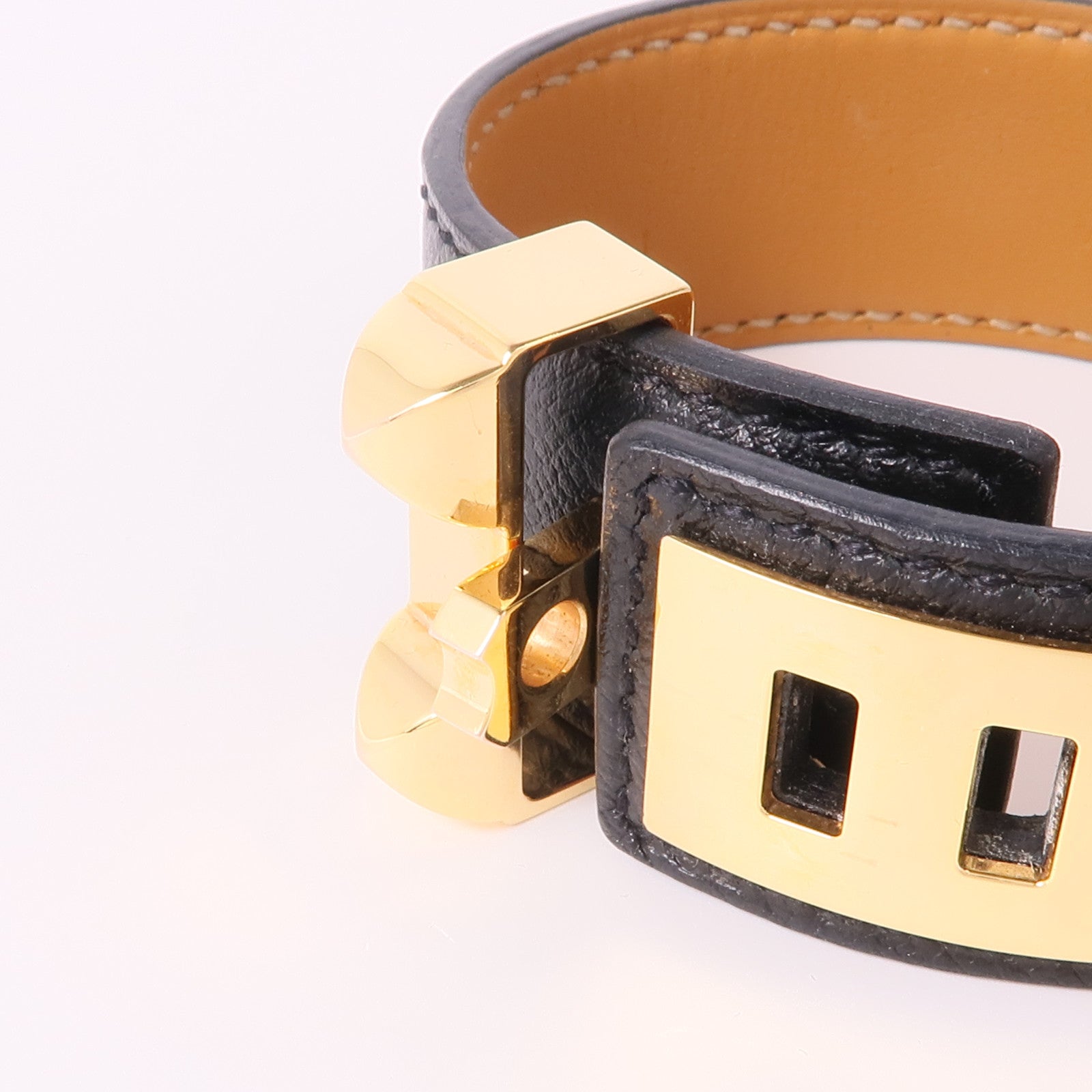 HERMES Epsom皮革/金屬Collier De Chien 24手鐲89 Noir