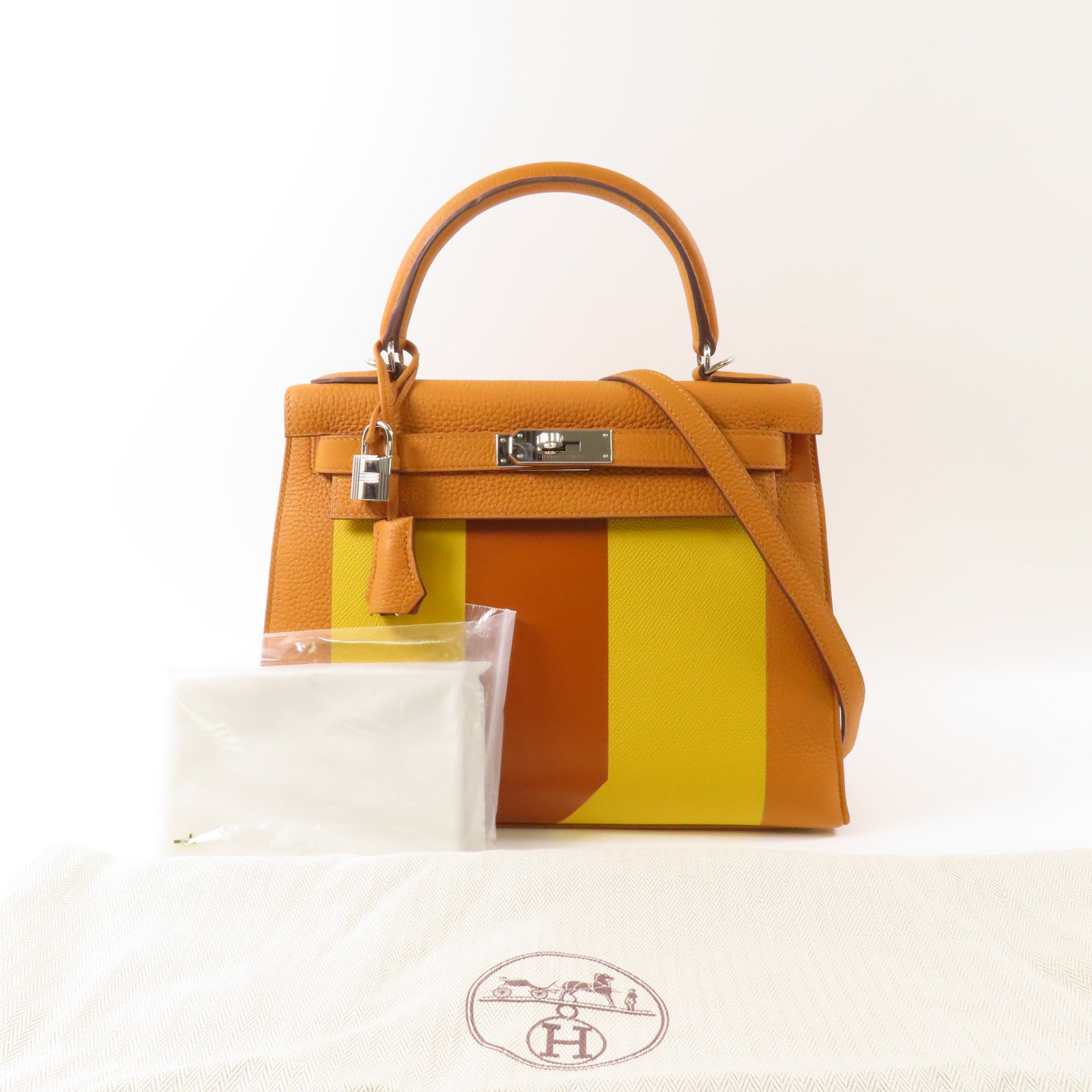 HERMES 【激減優惠】Clemence皮革Kelly 28銀扣手挽肩背兩用袋粉棕色/黃色