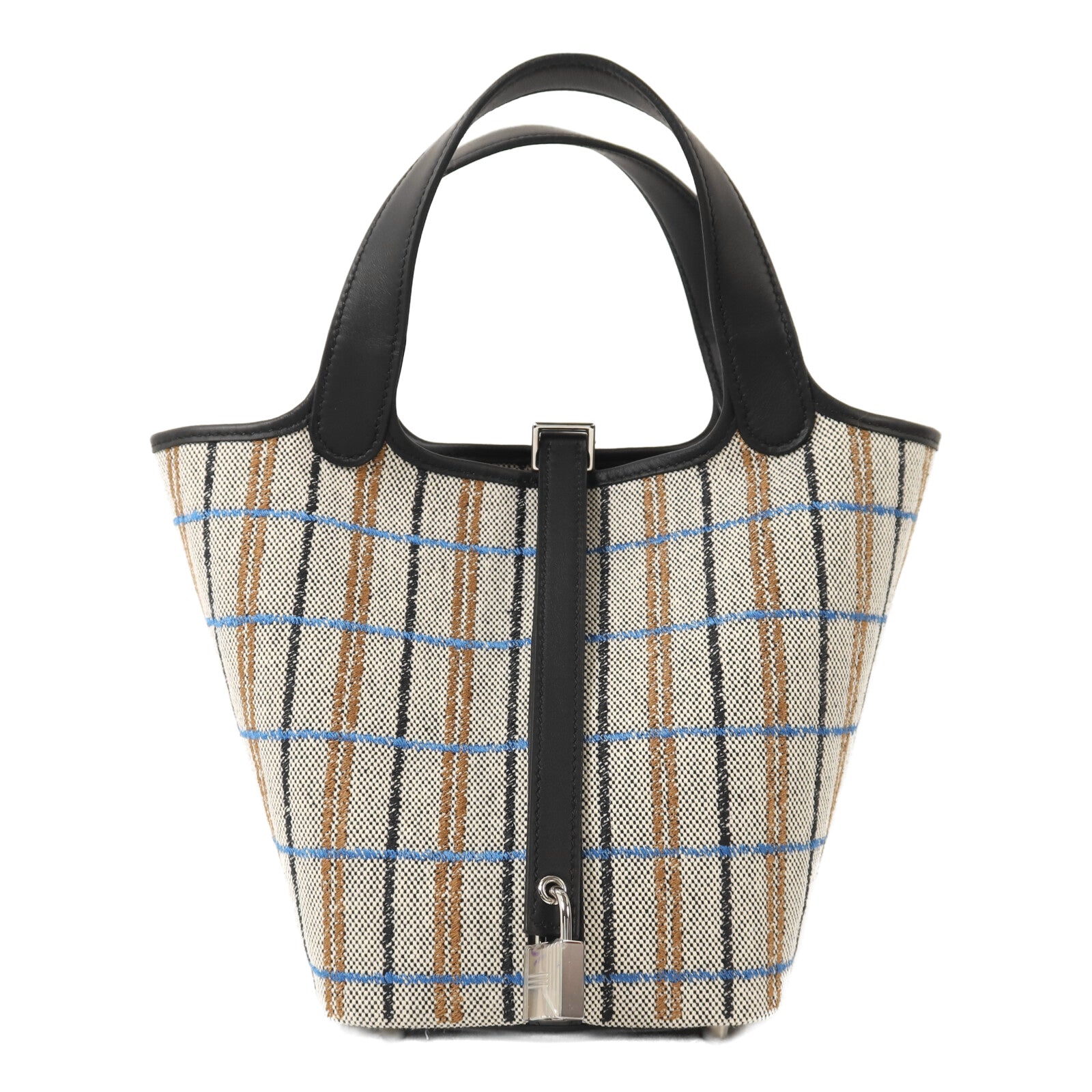 HERMES 帆布/Swift皮革Picotin PM銀扣手挽袋Ecru/Black/Fauve