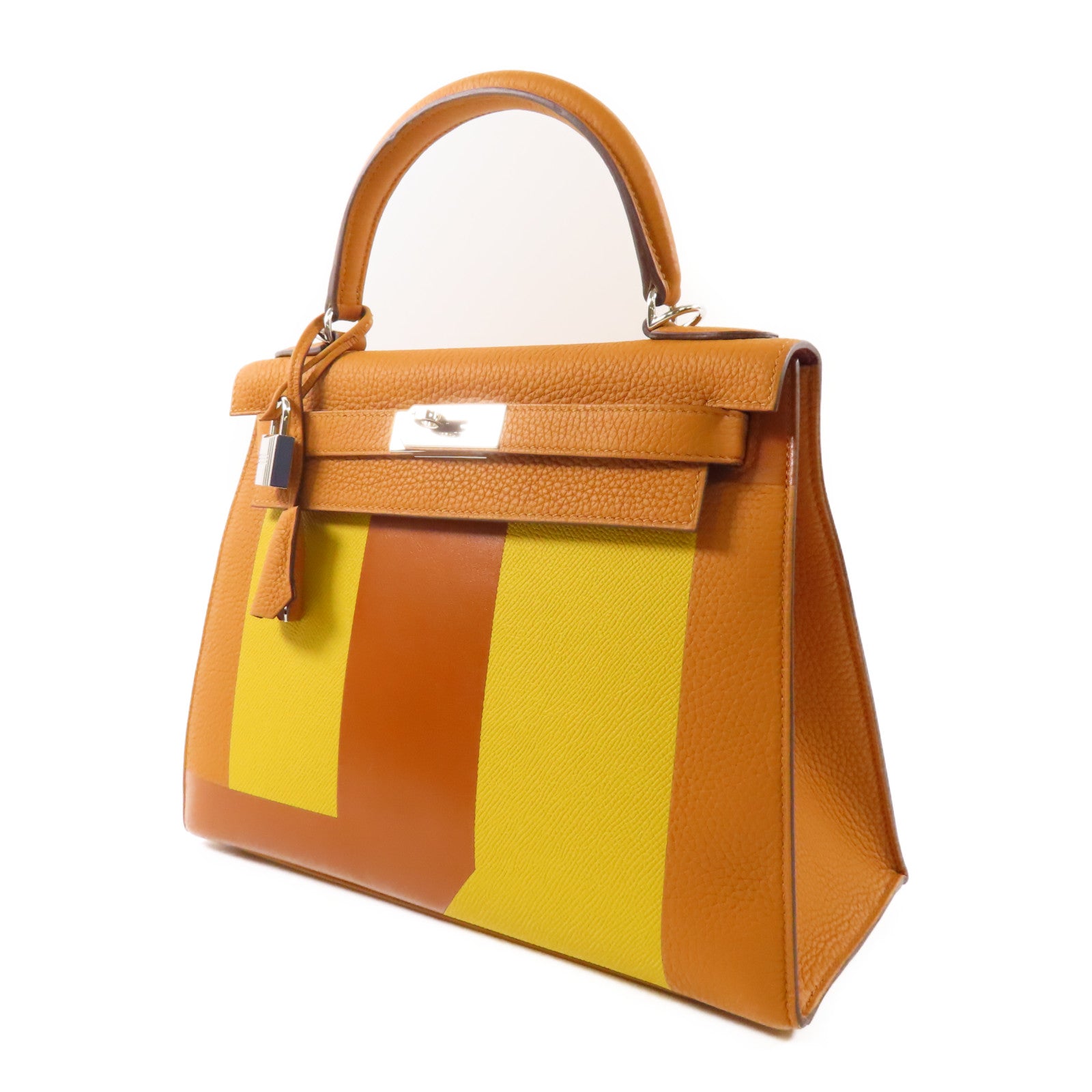 HERMES 【激減優惠】Clemence皮革Kelly 28銀扣手挽肩背兩用袋粉棕色/黃色