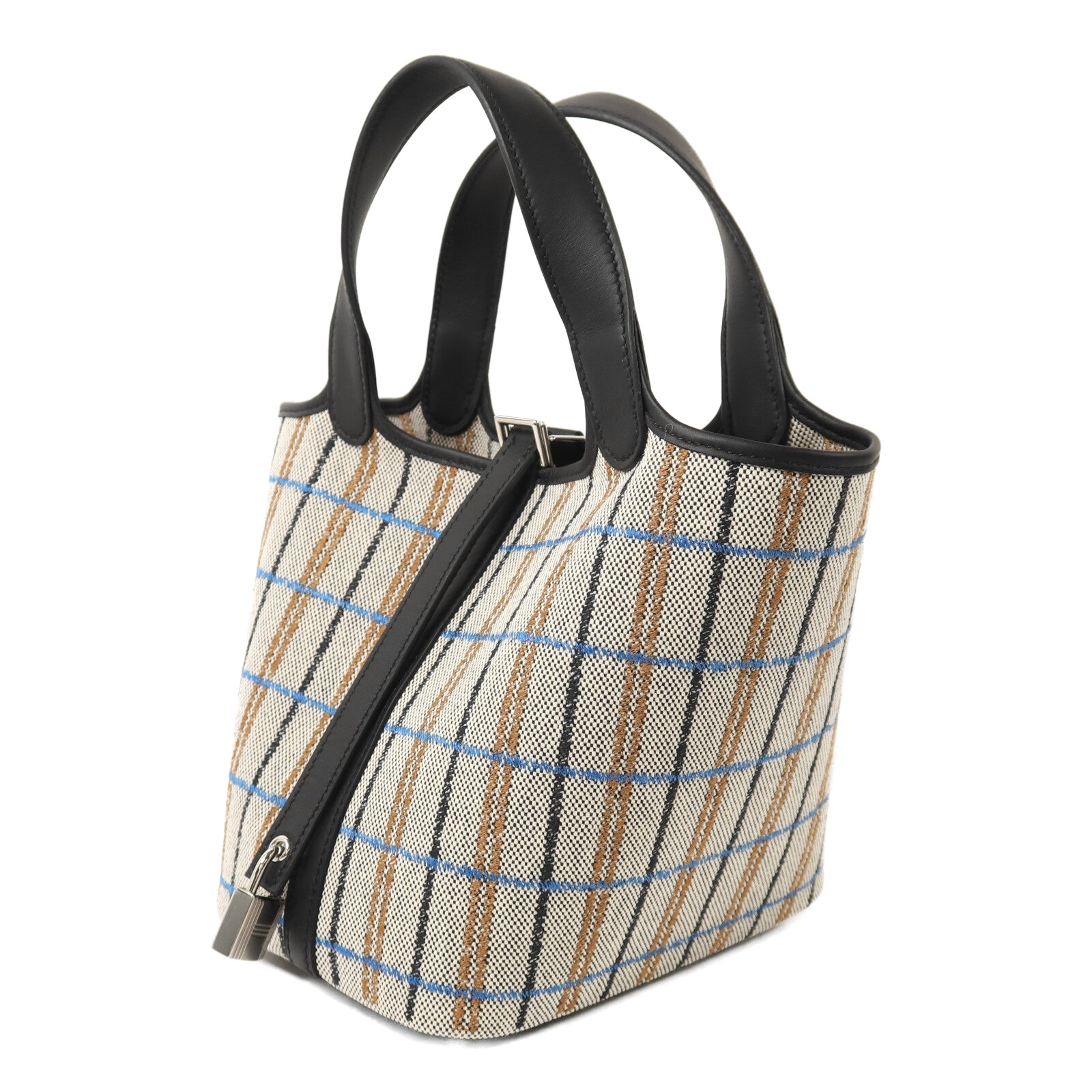 HERMES 帆布/Swift皮革Picotin PM銀扣手挽袋Ecru/Black/Fauve