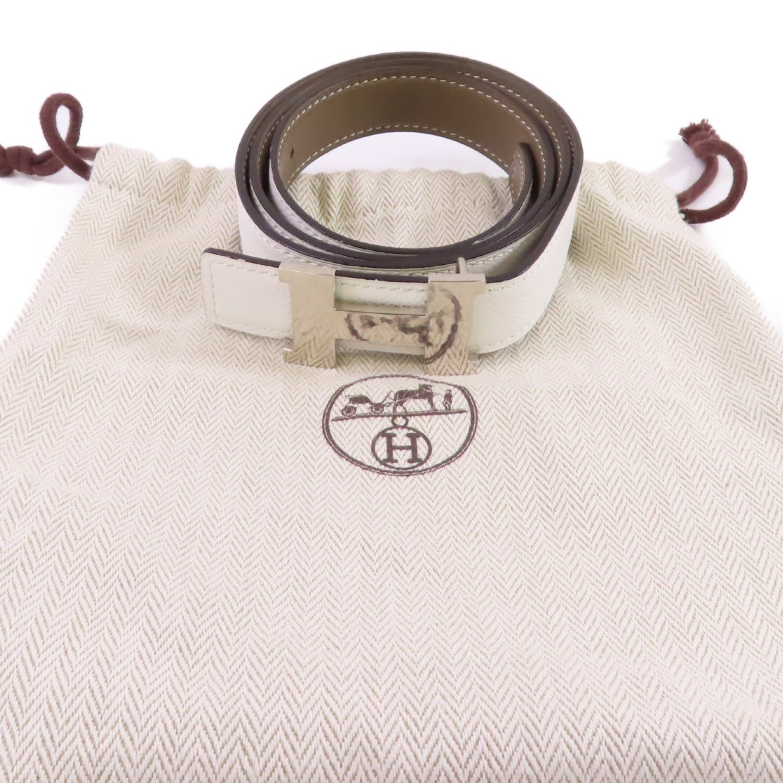 HERMES Swift皮革/Epsom皮革Constance Touareg Belt銀扣白色/Etoupe大象灰色