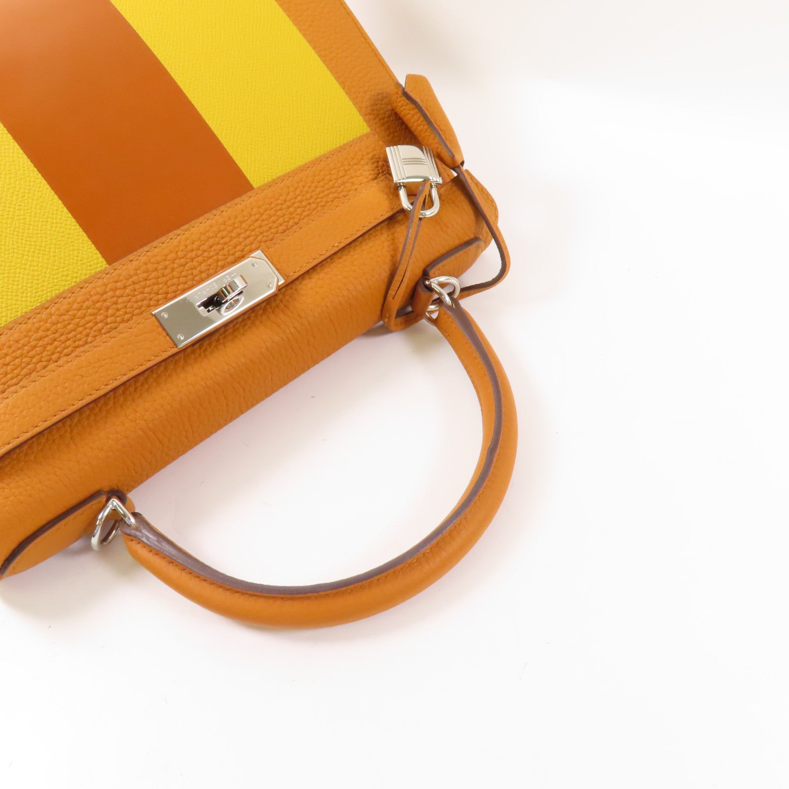 HERMES 【激減優惠】Clemence皮革Kelly 28銀扣手挽肩背兩用袋粉棕色/黃色