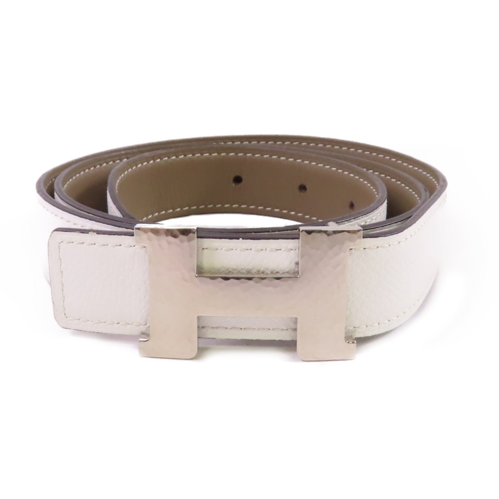 HERMES Swift皮革/Epsom皮革Constance Touareg Belt銀扣白色/Etoupe大象灰色