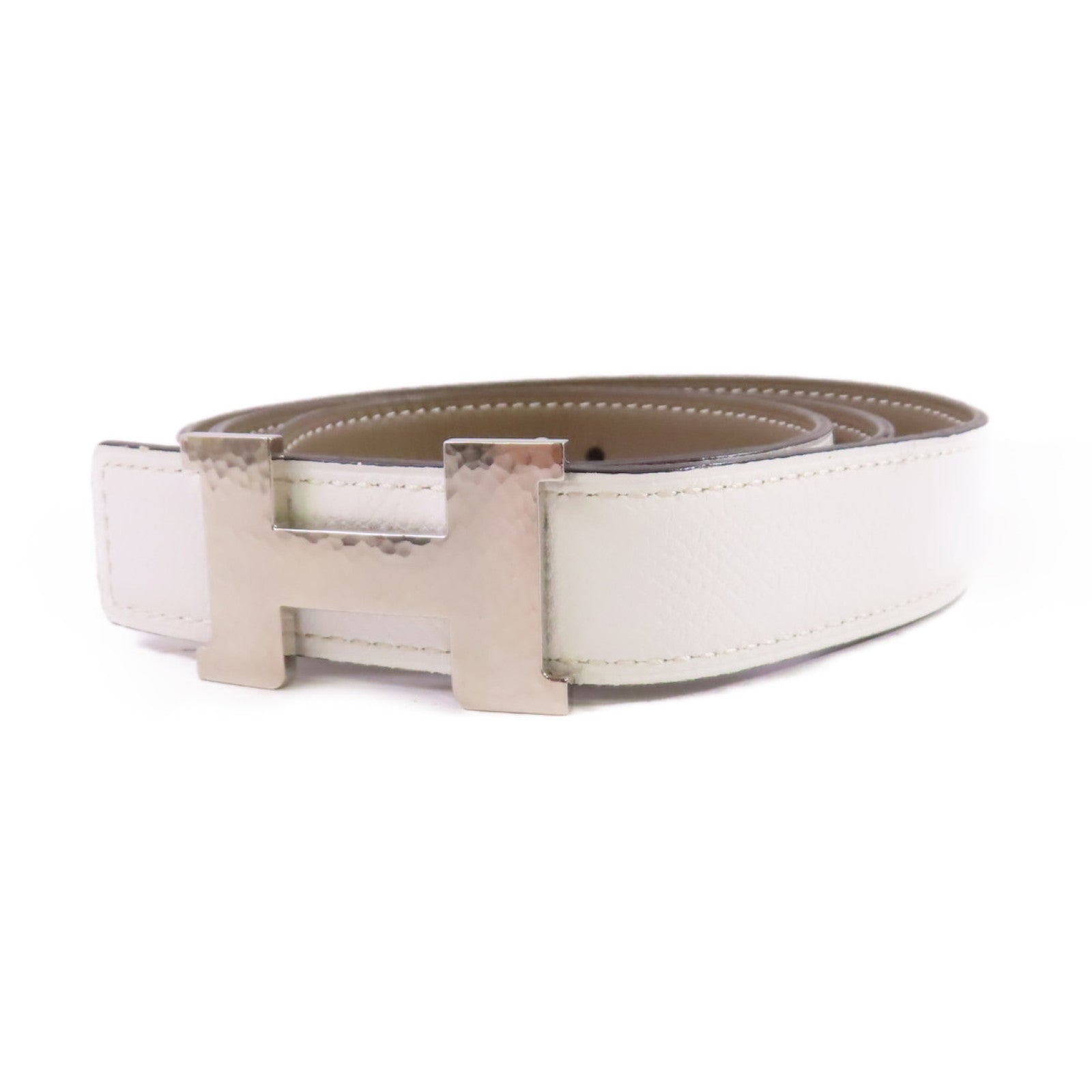 HERMES Swift皮革/Epsom皮革Constance Touareg Belt銀扣白色/Etoupe大象灰色