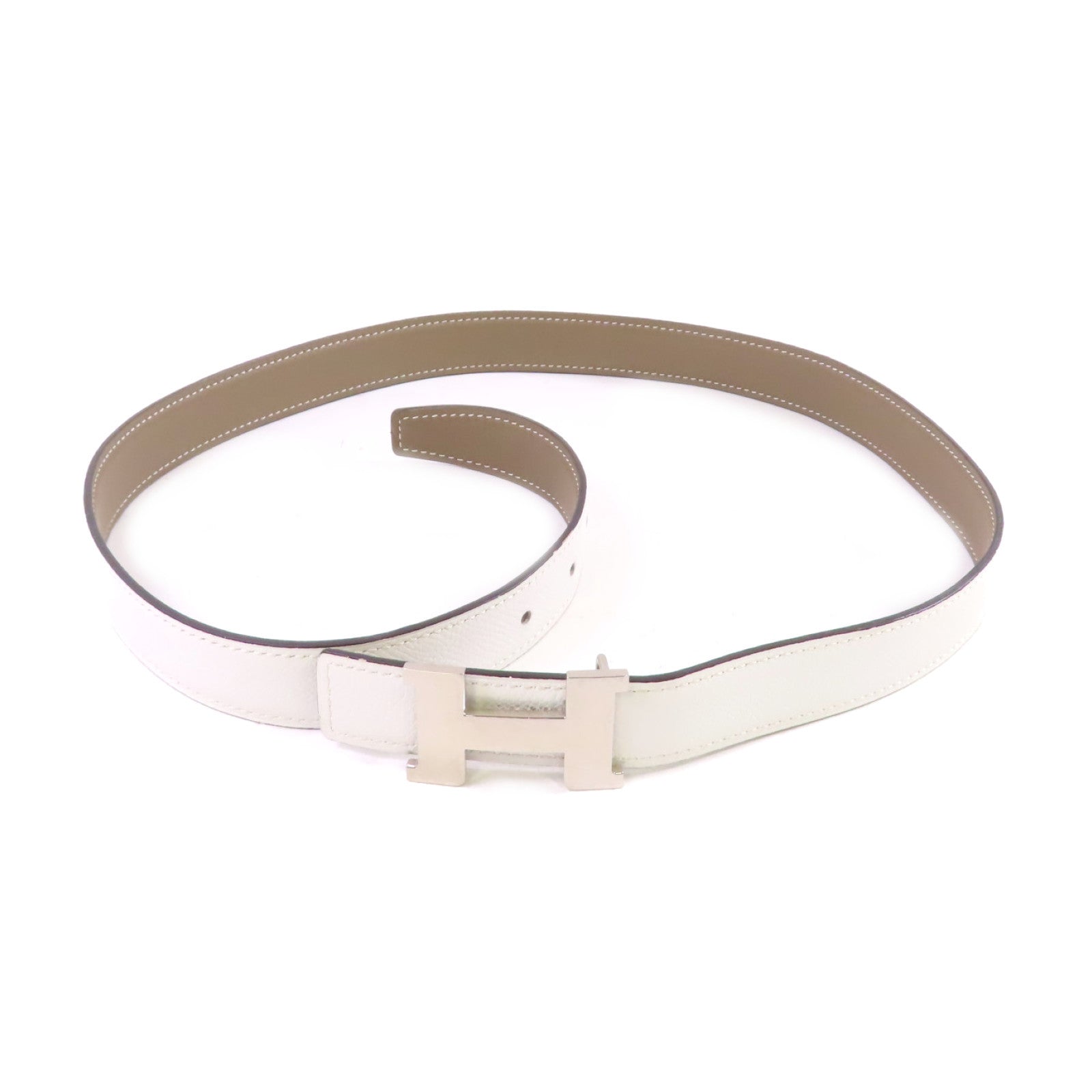 HERMES Swift皮革/Epsom皮革Constance Touareg Belt銀扣白色/Etoupe大象灰色