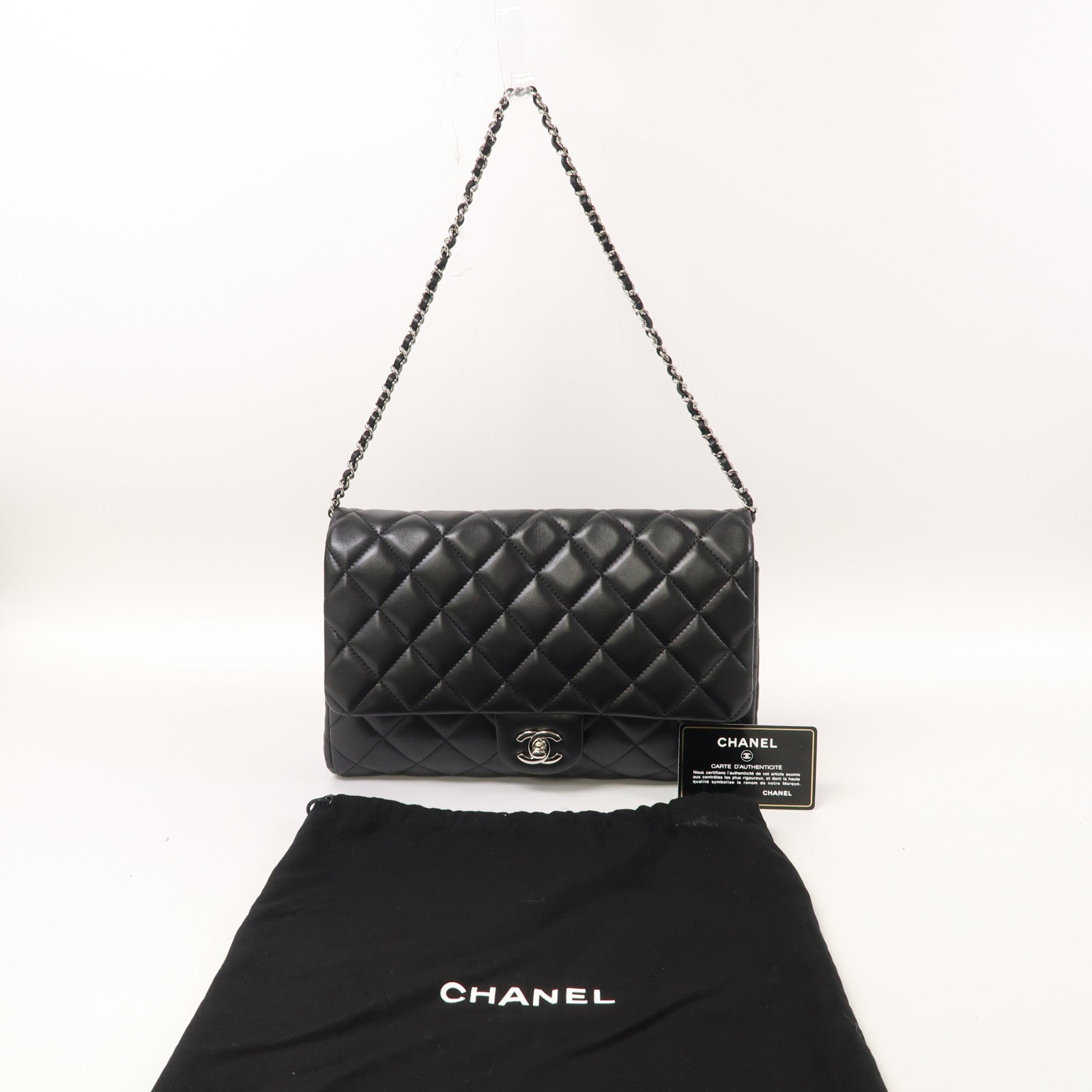 CHANEL 菱格羊皮皮革Chain Shoulder銀扣鏈帶肩背袋黑色