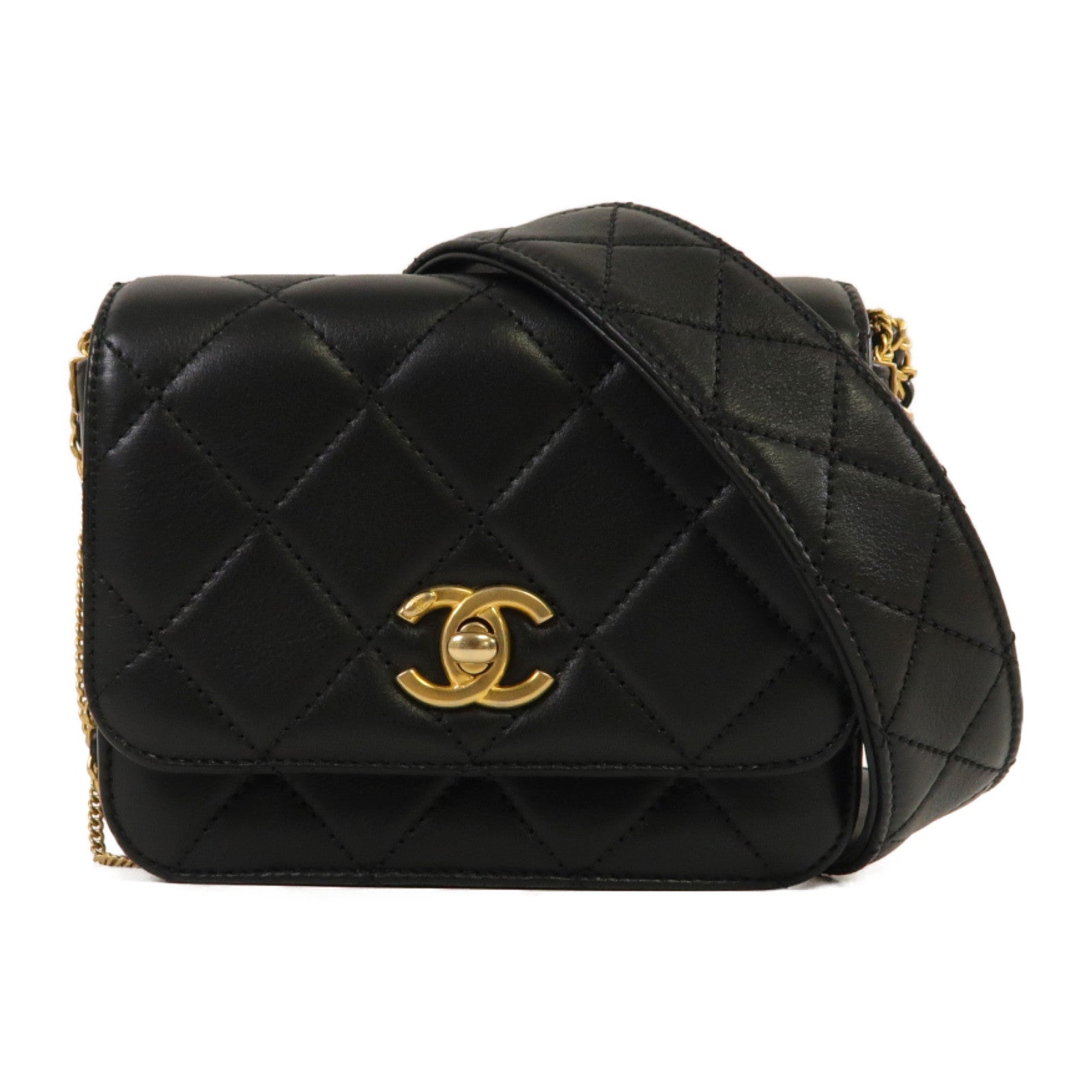 CHANEL **【激減優惠】菱格皮革Chain Shoulder金扣鏈帶肩背袋黑色