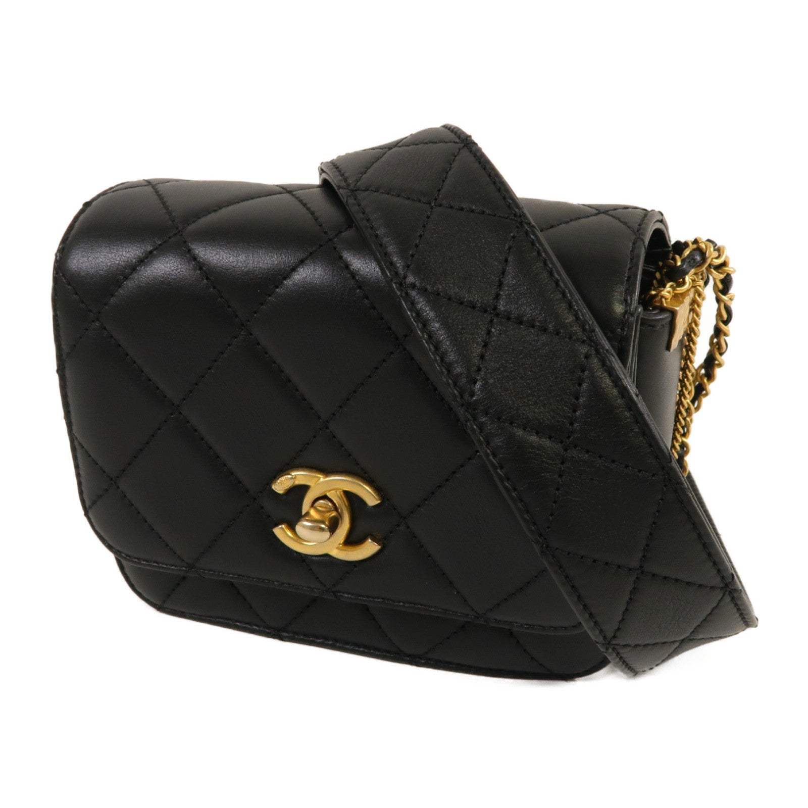 CHANEL **【激減優惠】菱格皮革Chain Shoulder金扣鏈帶肩背袋黑色