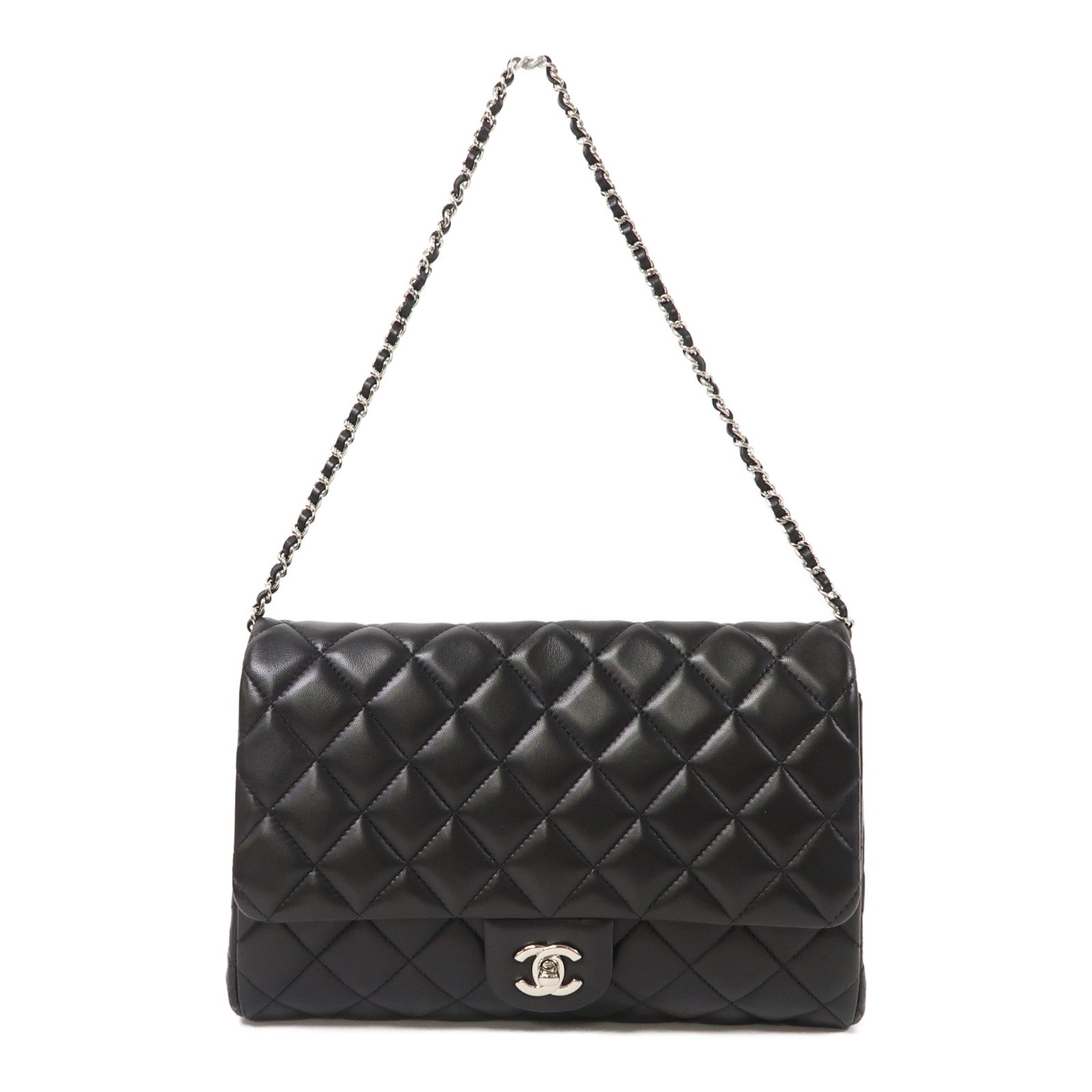 CHANEL 菱格羊皮皮革Chain Shoulder銀扣鏈帶肩背袋黑色