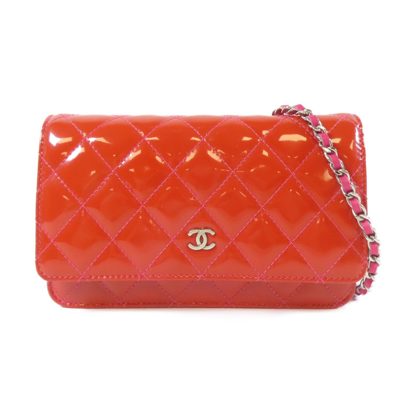 CHANEL 【激減優惠】菱格漆皮皮革Wallet On Chain銀扣鏈帶肩背袋紅色