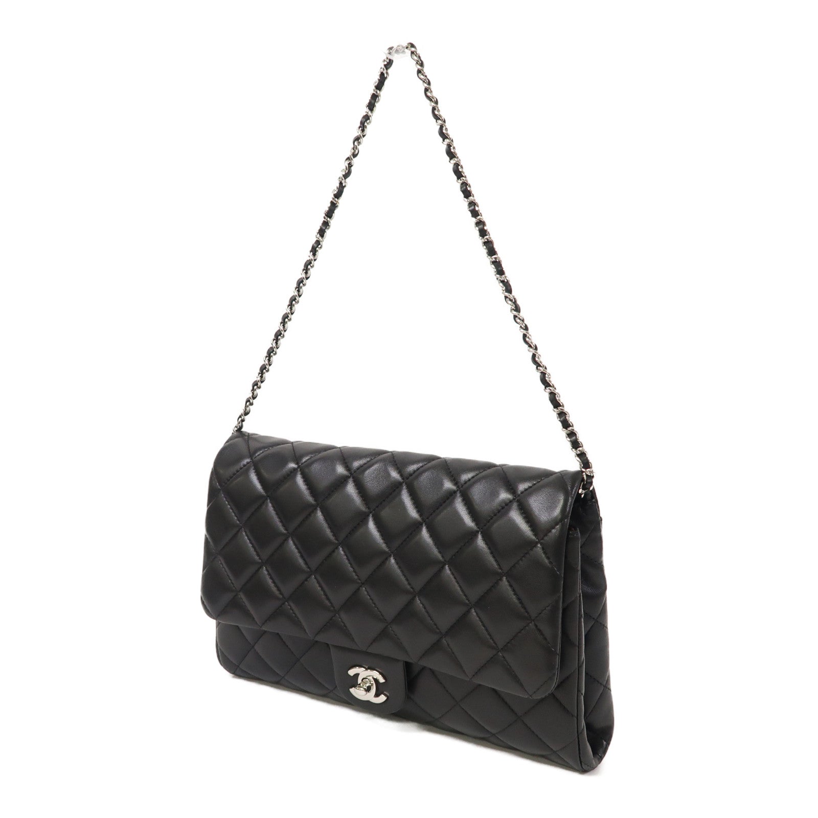 CHANEL 菱格羊皮皮革Chain Shoulder銀扣鏈帶肩背袋黑色