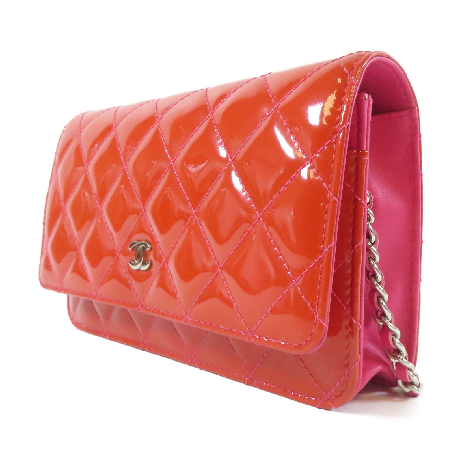 CHANEL 【激減優惠】菱格漆皮皮革Wallet On Chain銀扣鏈帶肩背袋紅色