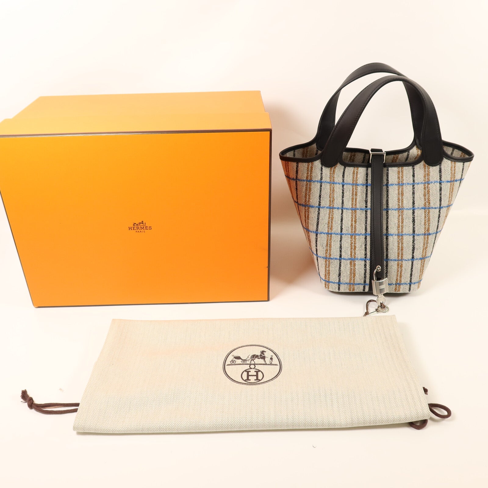HERMES 帆布/Swift皮革Picotin PM銀扣手挽袋Ecru/Black/Fauve