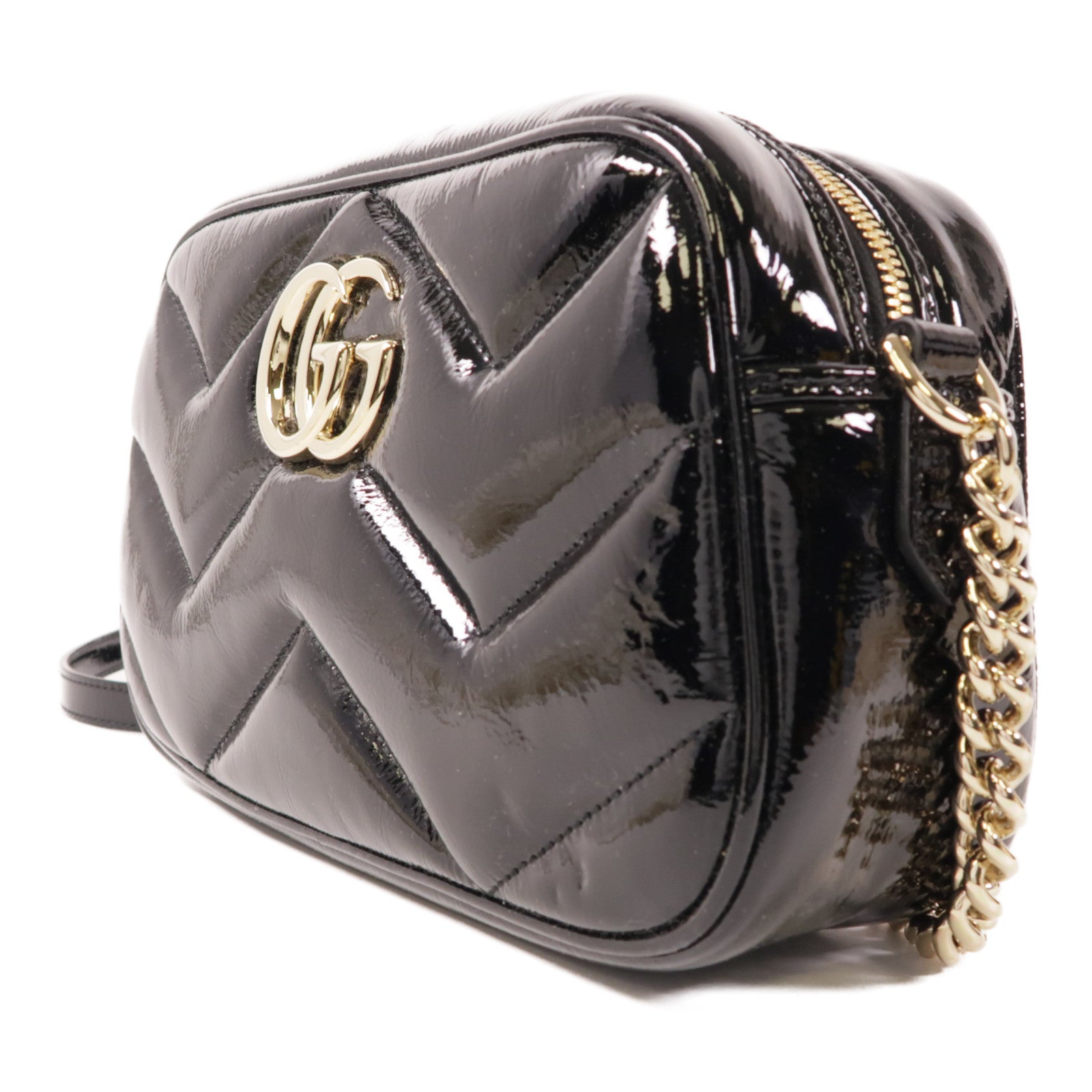 GUCCI 【激減優惠】漆皮皮革GG Marmont Small Camera Bag金扣肩背袋