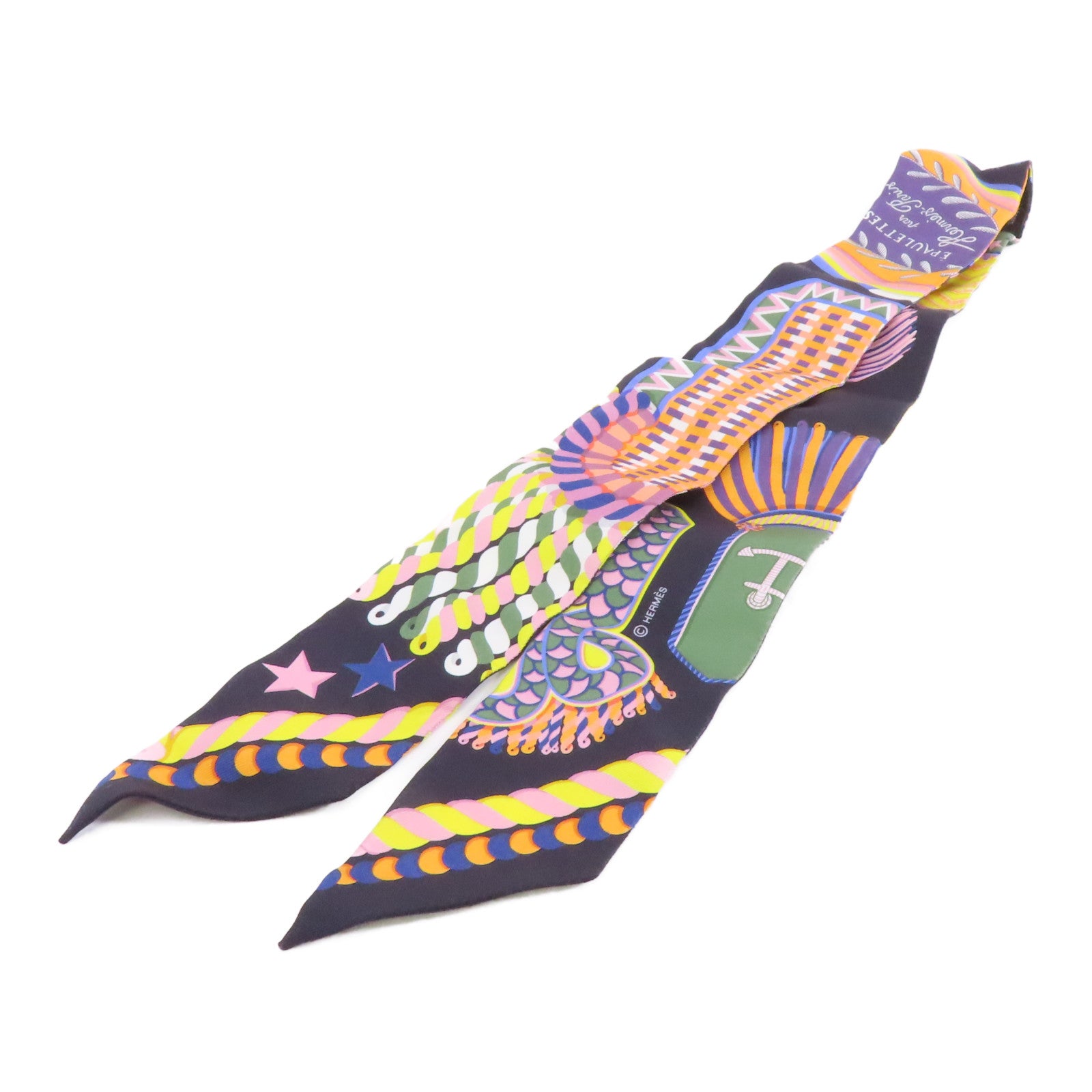 HERMES 絲質Twilly絲巾黑色/彩色
