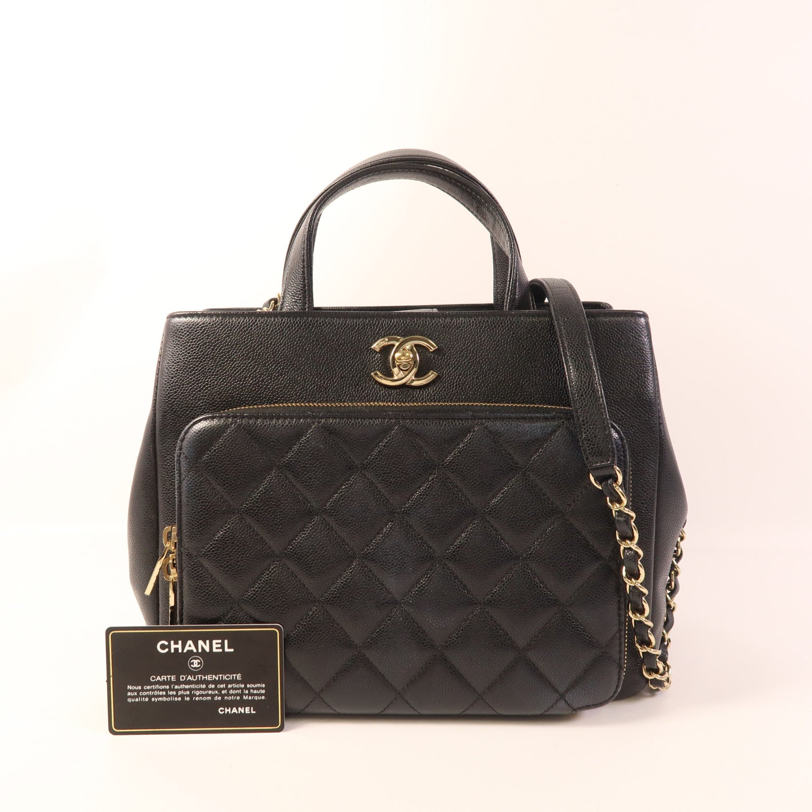 CHANEL 牛皮皮革2 Way Shoulder金扣鏈帶手挽肩背兩用袋