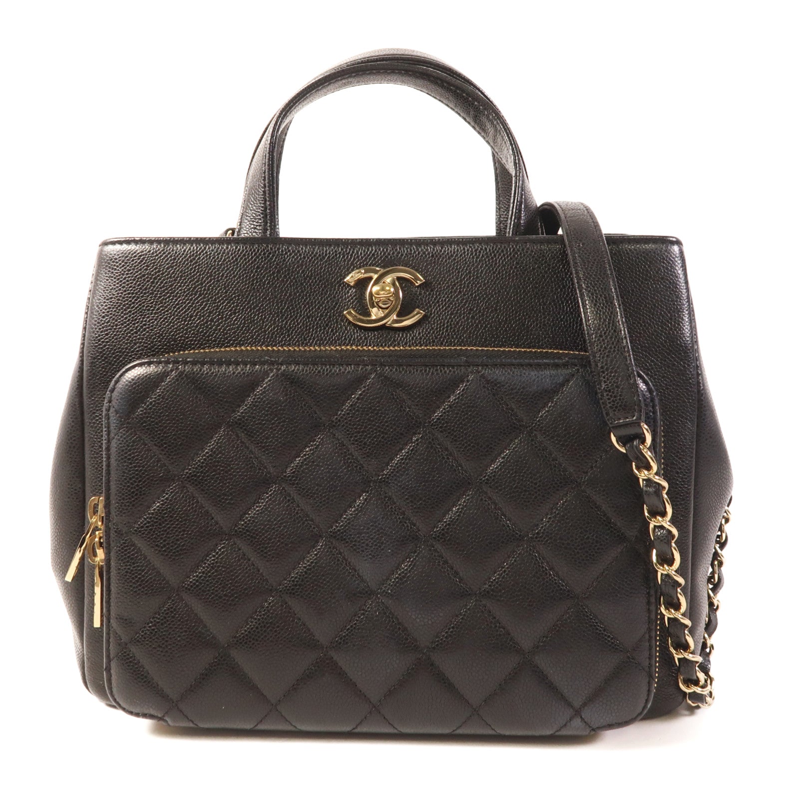 CHANEL 牛皮皮革2 Way Shoulder金扣鏈帶手挽肩背兩用袋