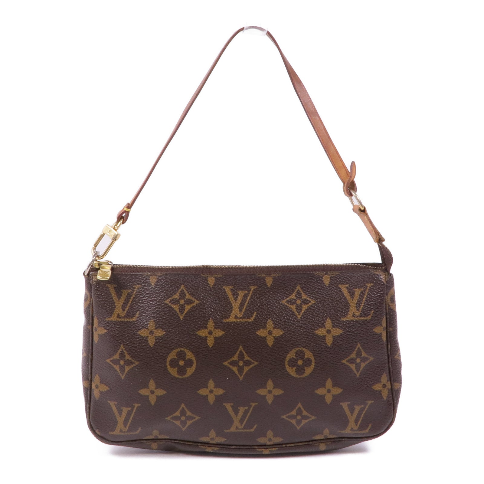 LOUIS VUITTON Monogram Pochette Accessoires金扣手挽袋棕色