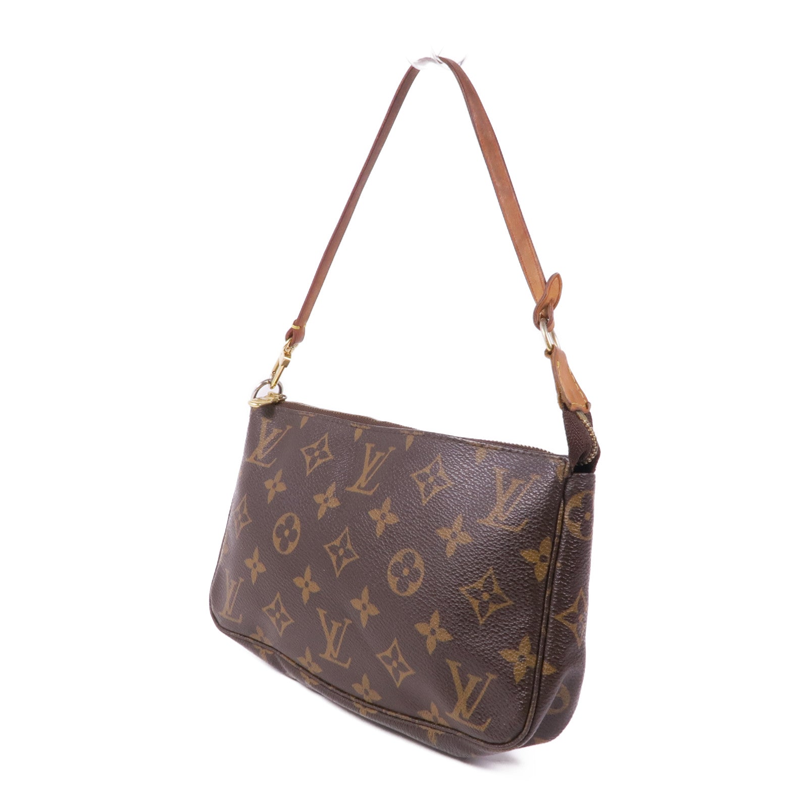LOUIS VUITTON Monogram Pochette Accessoires金扣手挽袋棕色