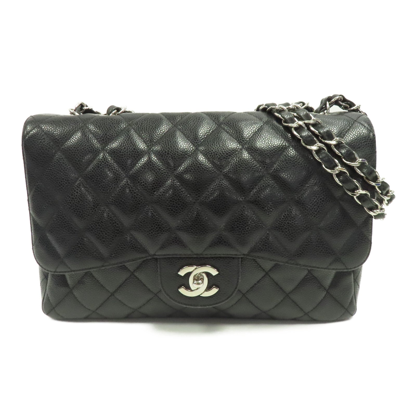 CHANEL Caviar皮革Classic Jumbo銀扣鏈帶肩背袋黑色