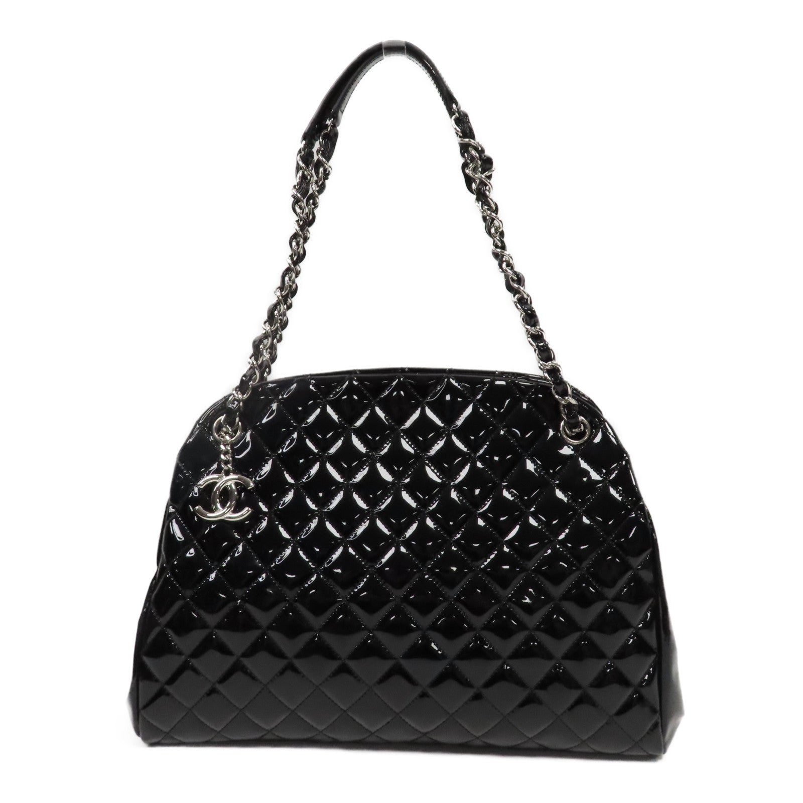 CHANEL 菱格漆皮皮革Chain Tote Bag銀扣鏈帶手挽袋黑色